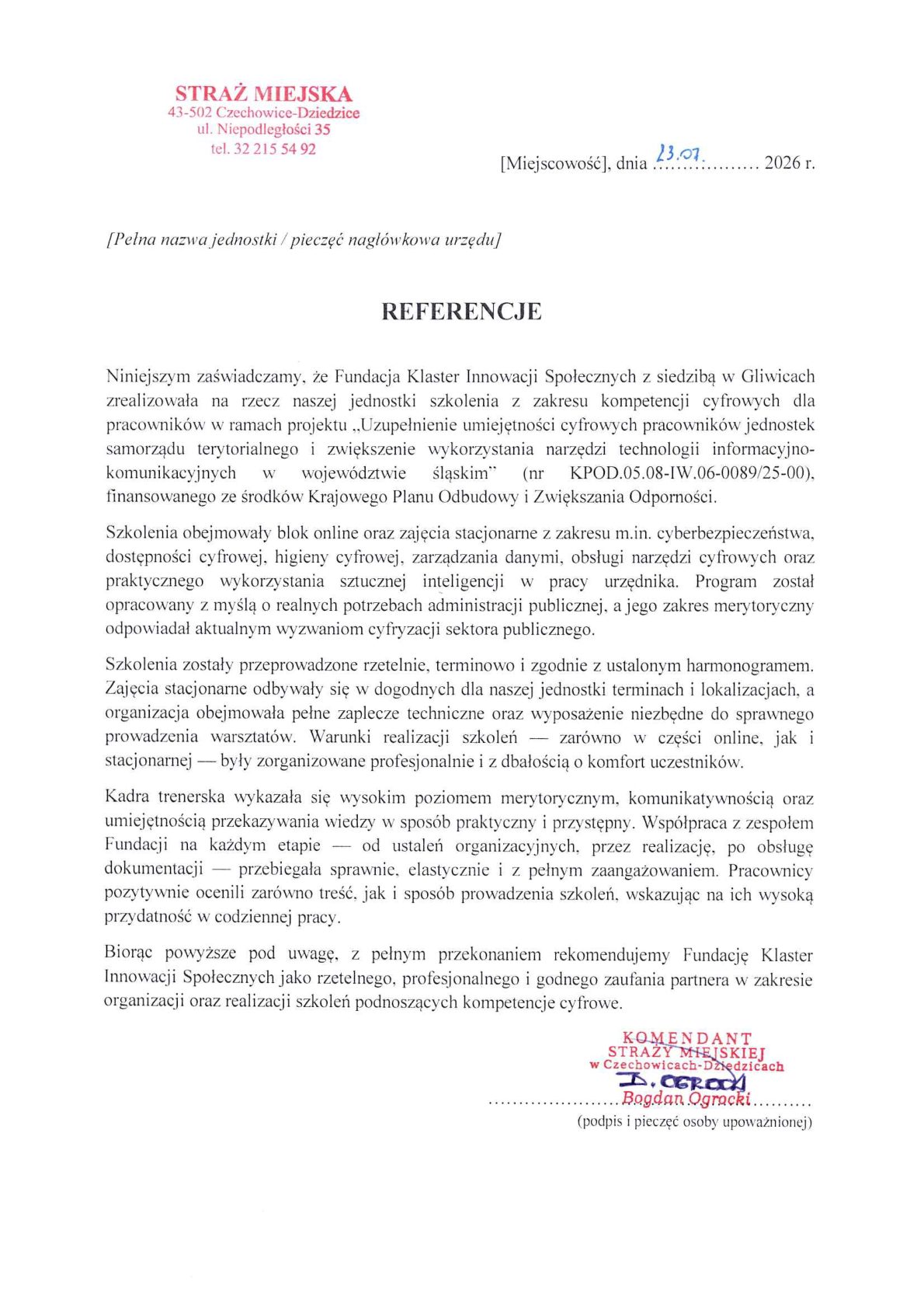 Referencja - Straż Miejska w Czechowicach-Dziedzicach