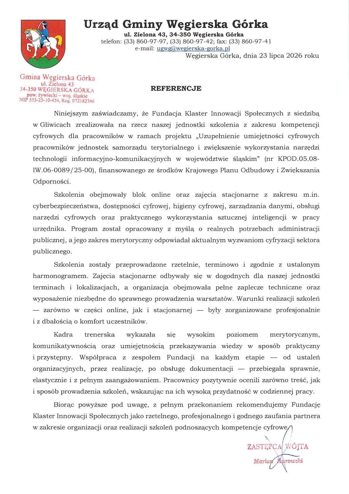 Referencja - Gmina Węgierska Górka