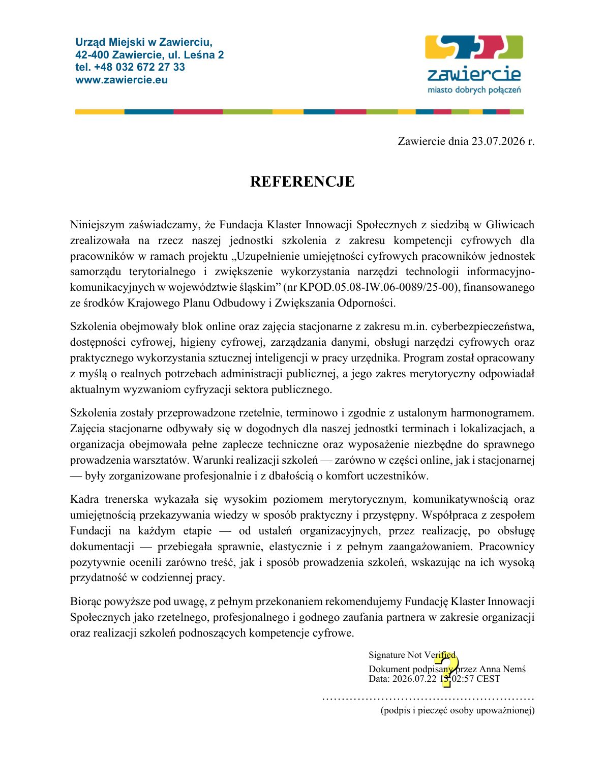 Referencja - Urząd Miejski w Zawierciu