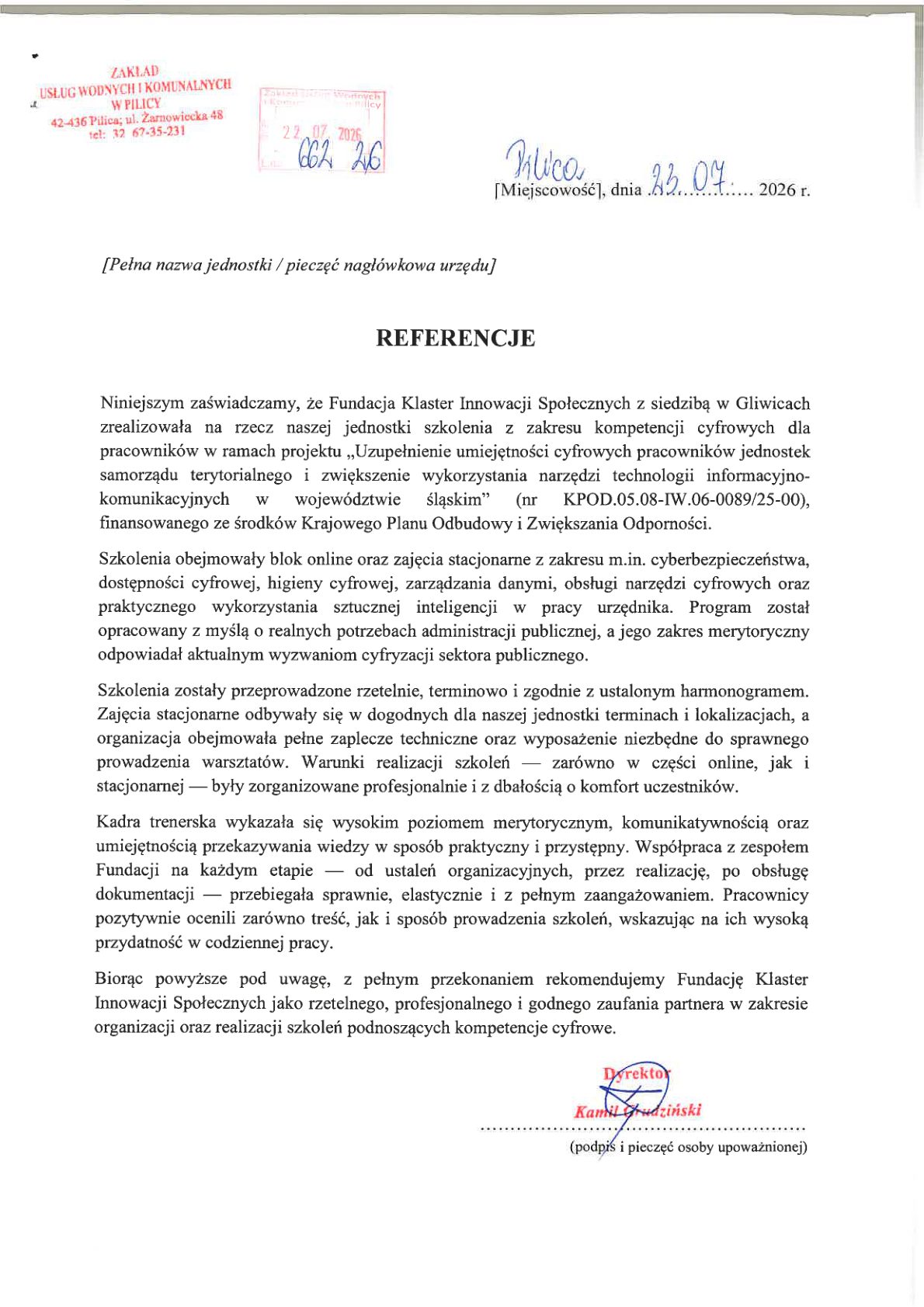 Referencja - Zakład Usług Wodnych i Komunalnych w Pilicy