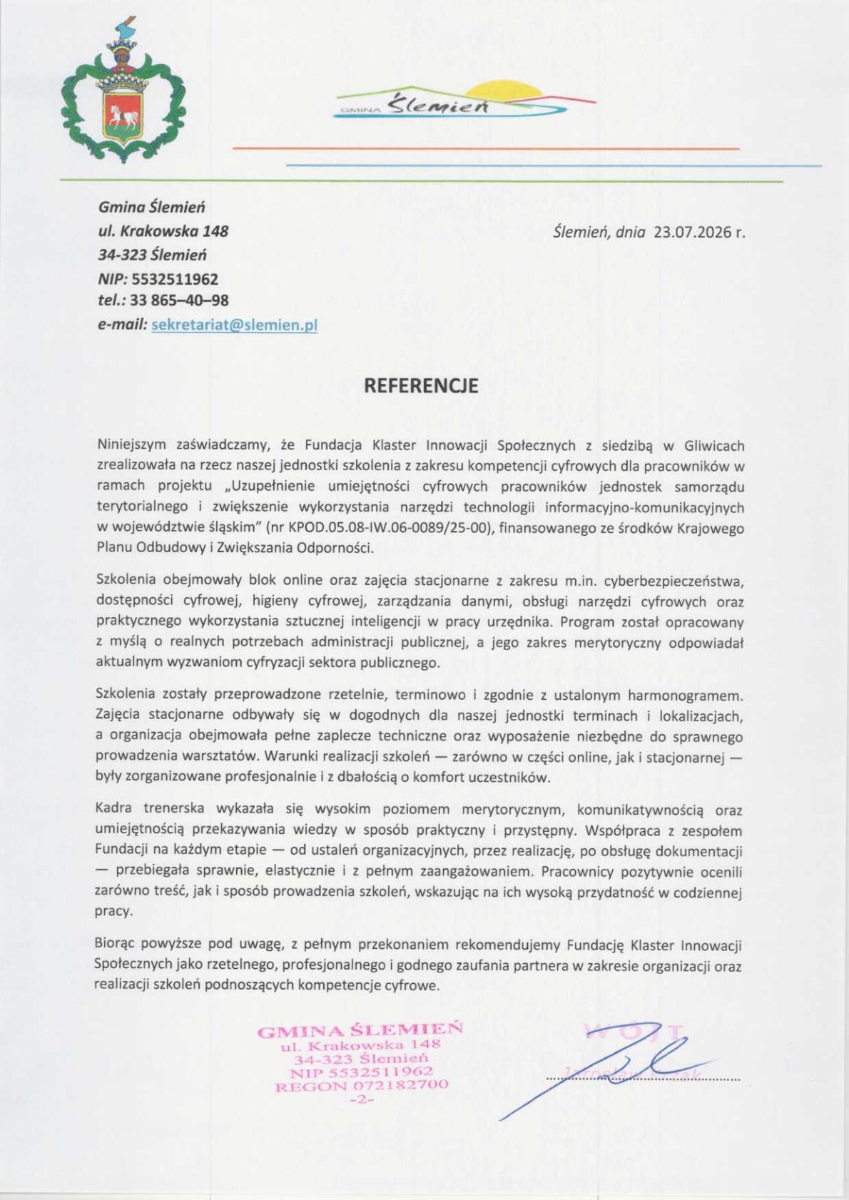 Referencja - Gmina Ślemień