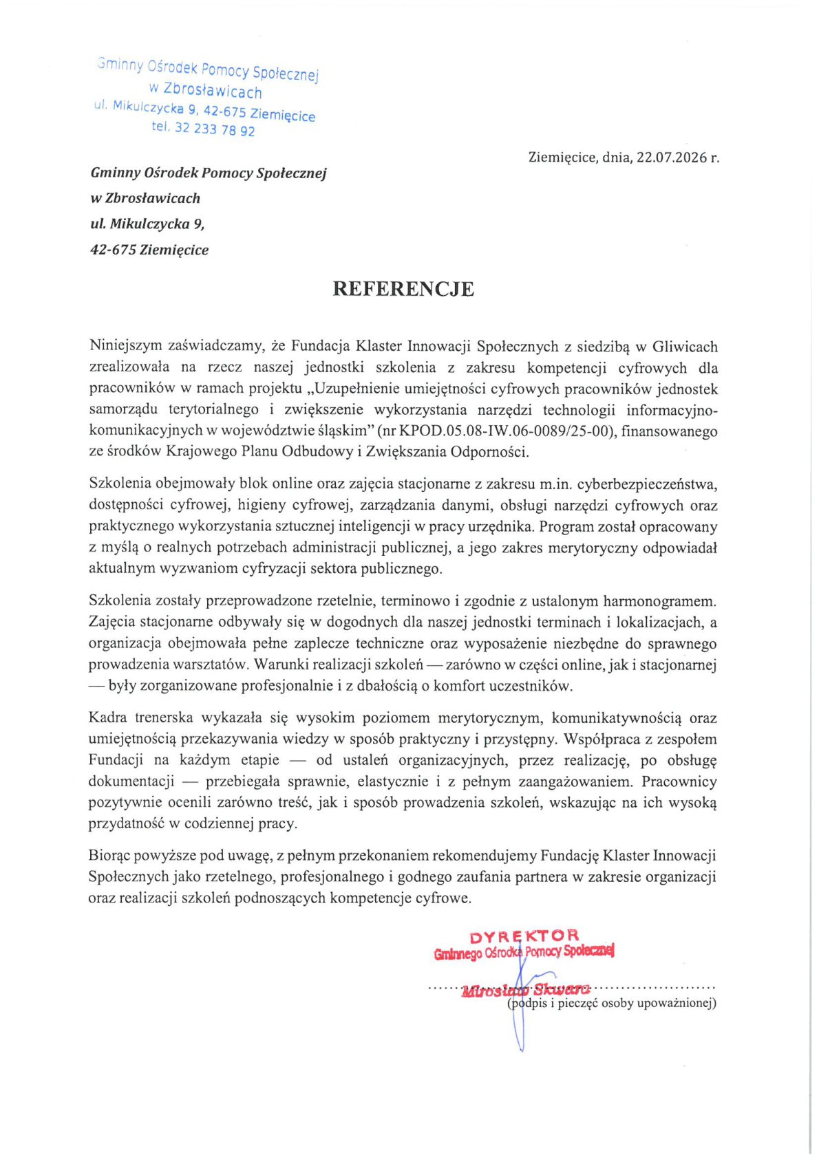 Referencja - Gminny Ośrodek Pomocy Społecznej w Zbrosławicach