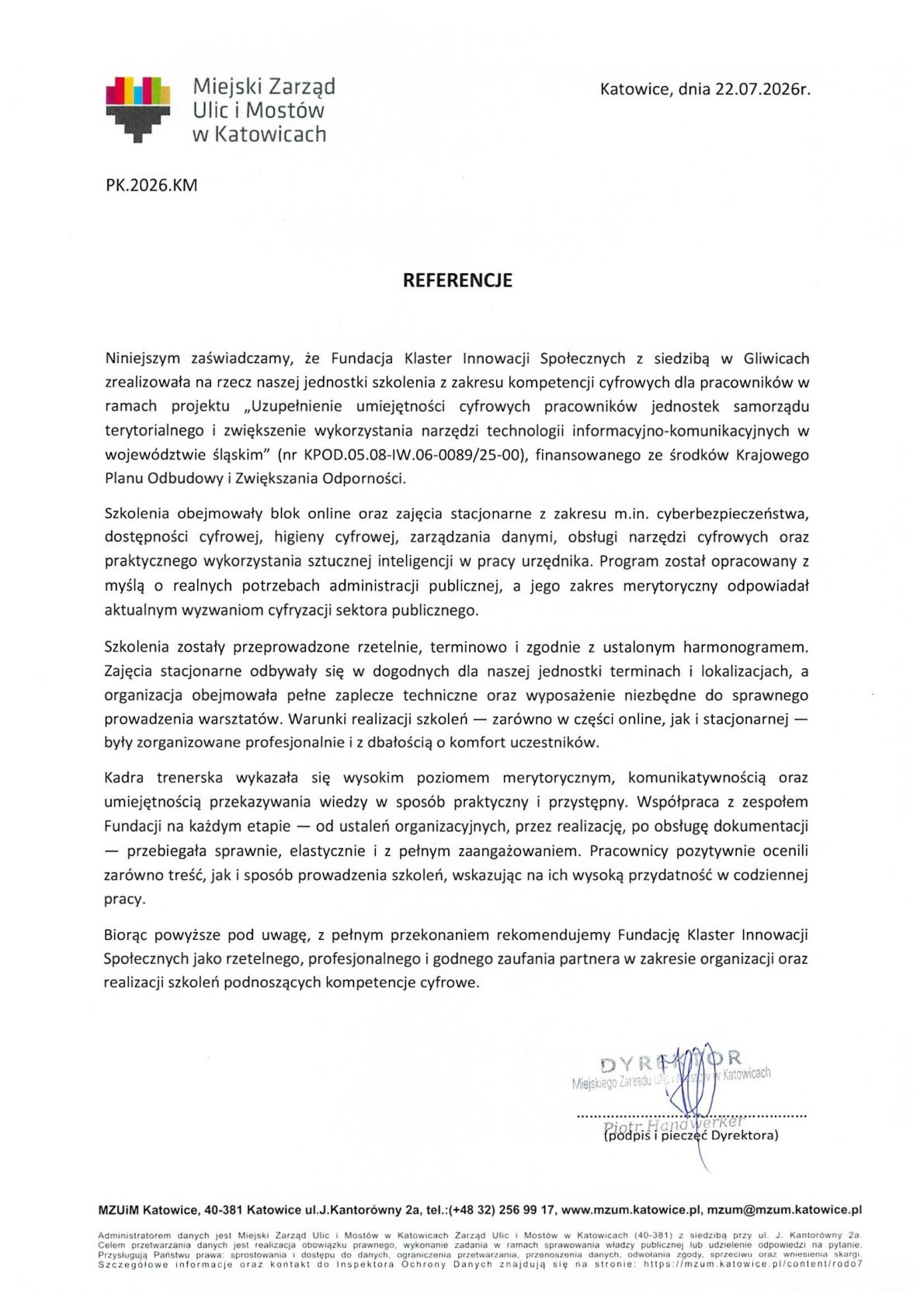 Referencja - Miejski Zarząd Ulic i Mostów w Katowicach