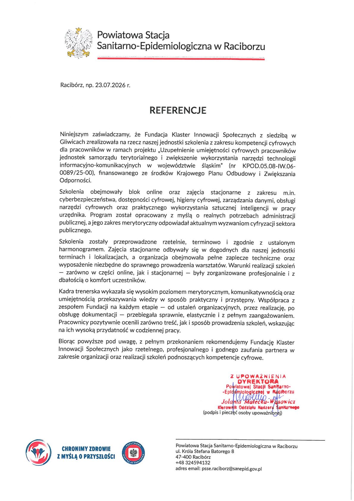 Referencja - Powiatowa Stacja Sanitarno-Epidemiologiczna w Raciborzu