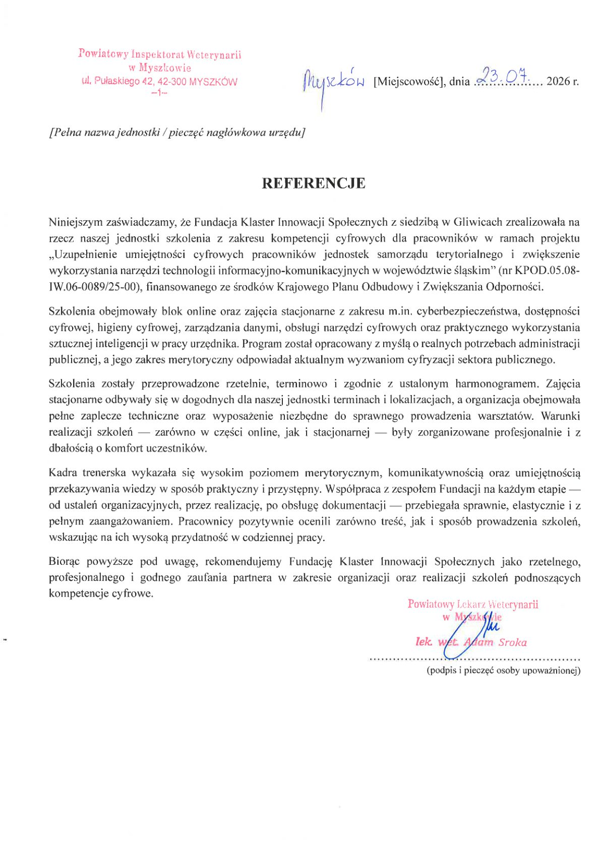 Referencja - Powiatowy Inspektorat Weterynarii w Myszkowie
