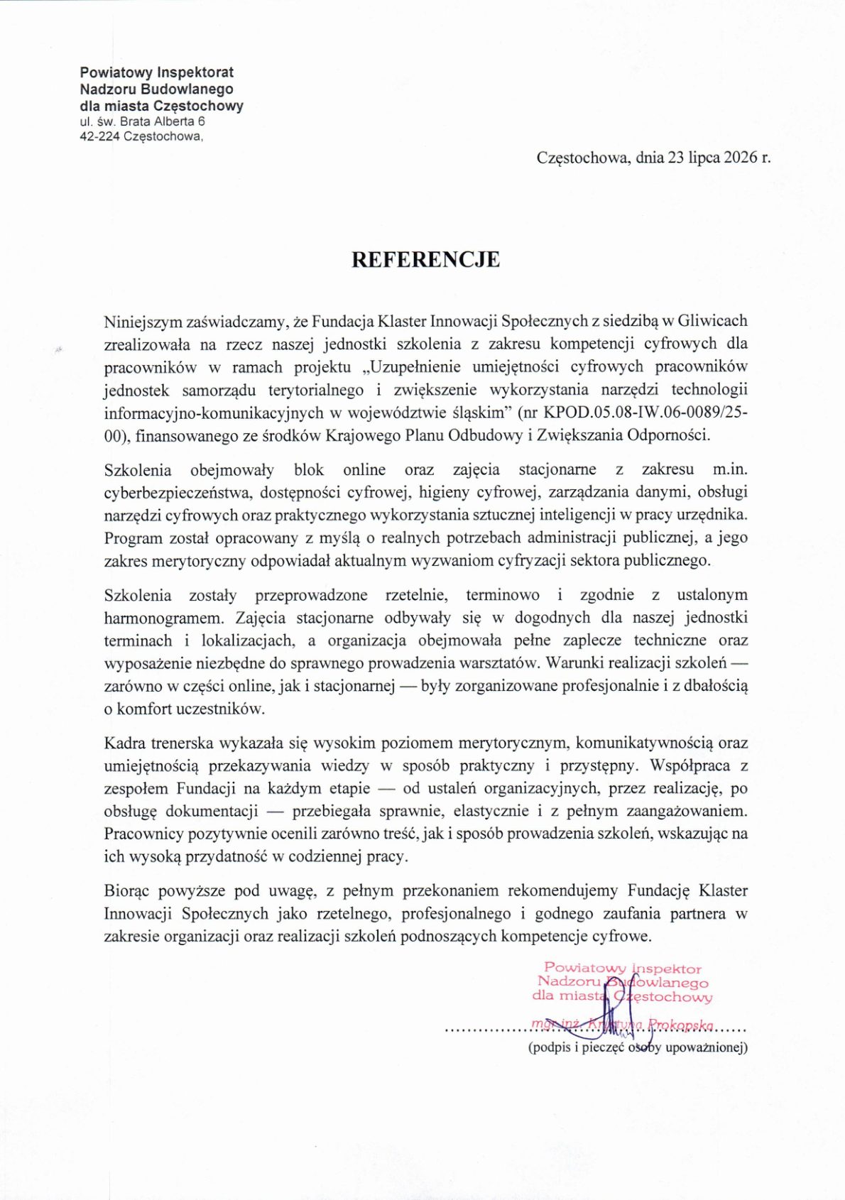 Referencja - Powiatowy Inspektorat Nadzoru Budowlanego dla miasta Częstochowy