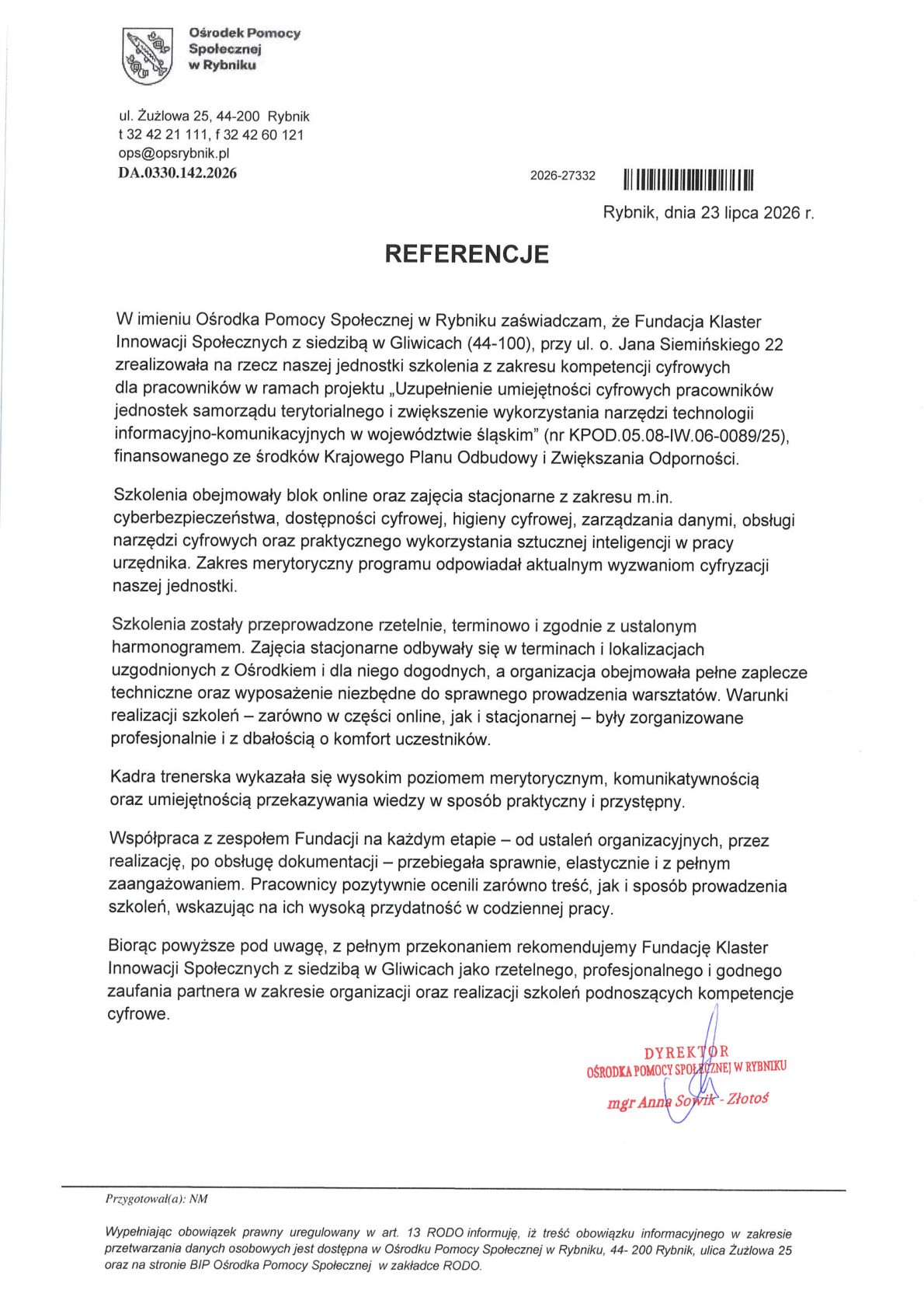 Referencja - Ośrodek Pomocy Społecznej w Rybniku