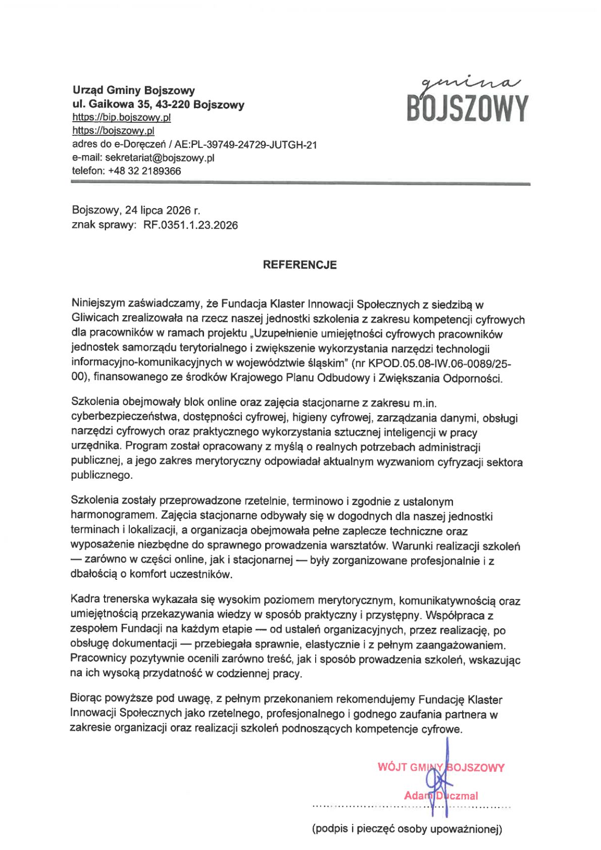 Referencja - Urząd Gminy Bojszowy