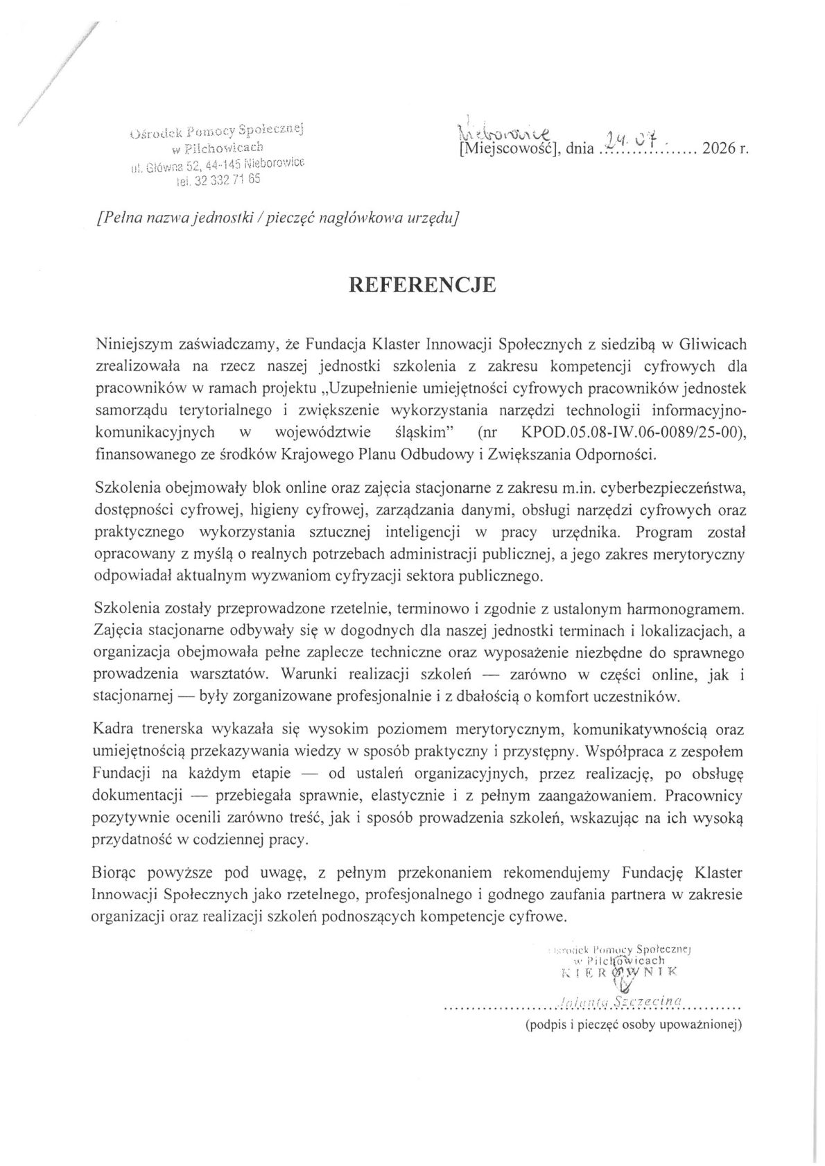 Referencja - Ośrodek Pomocy Społecznej w Pilchowicach