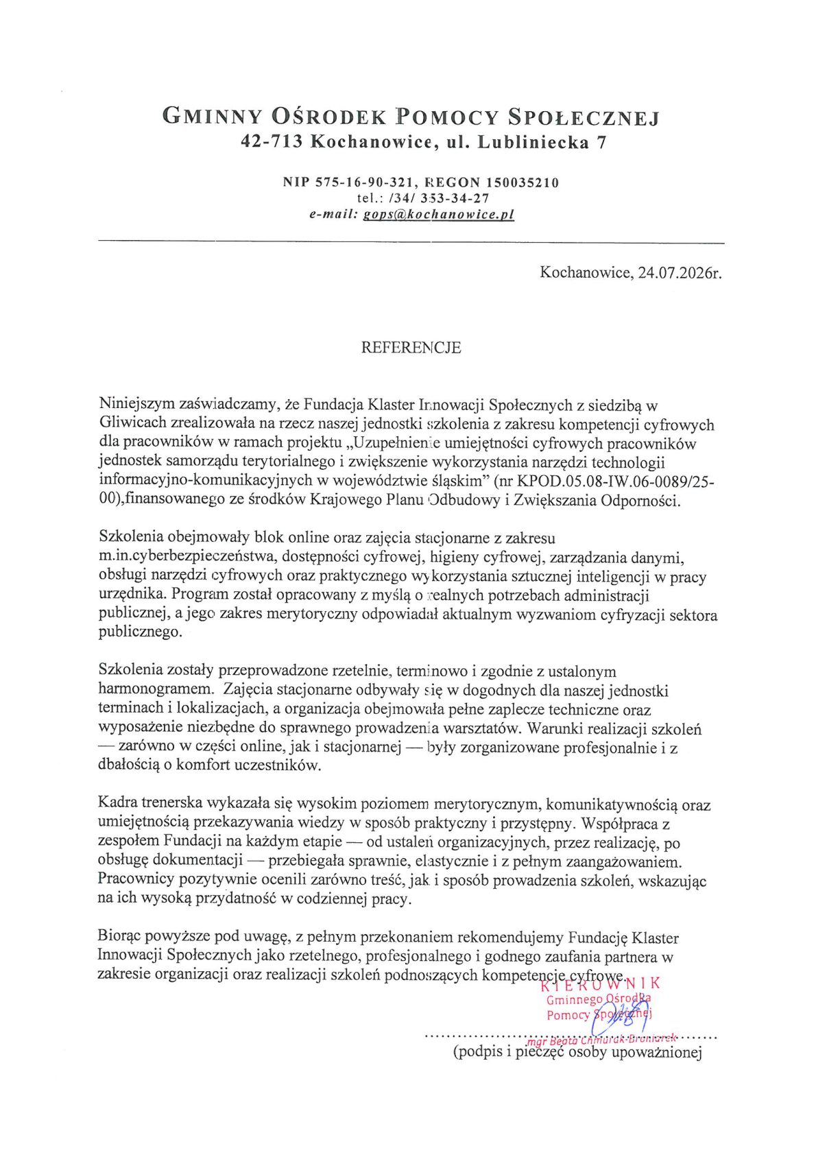 Referencja - Gminny Ośrodek Pomocy Społecznej w Kochanowicach