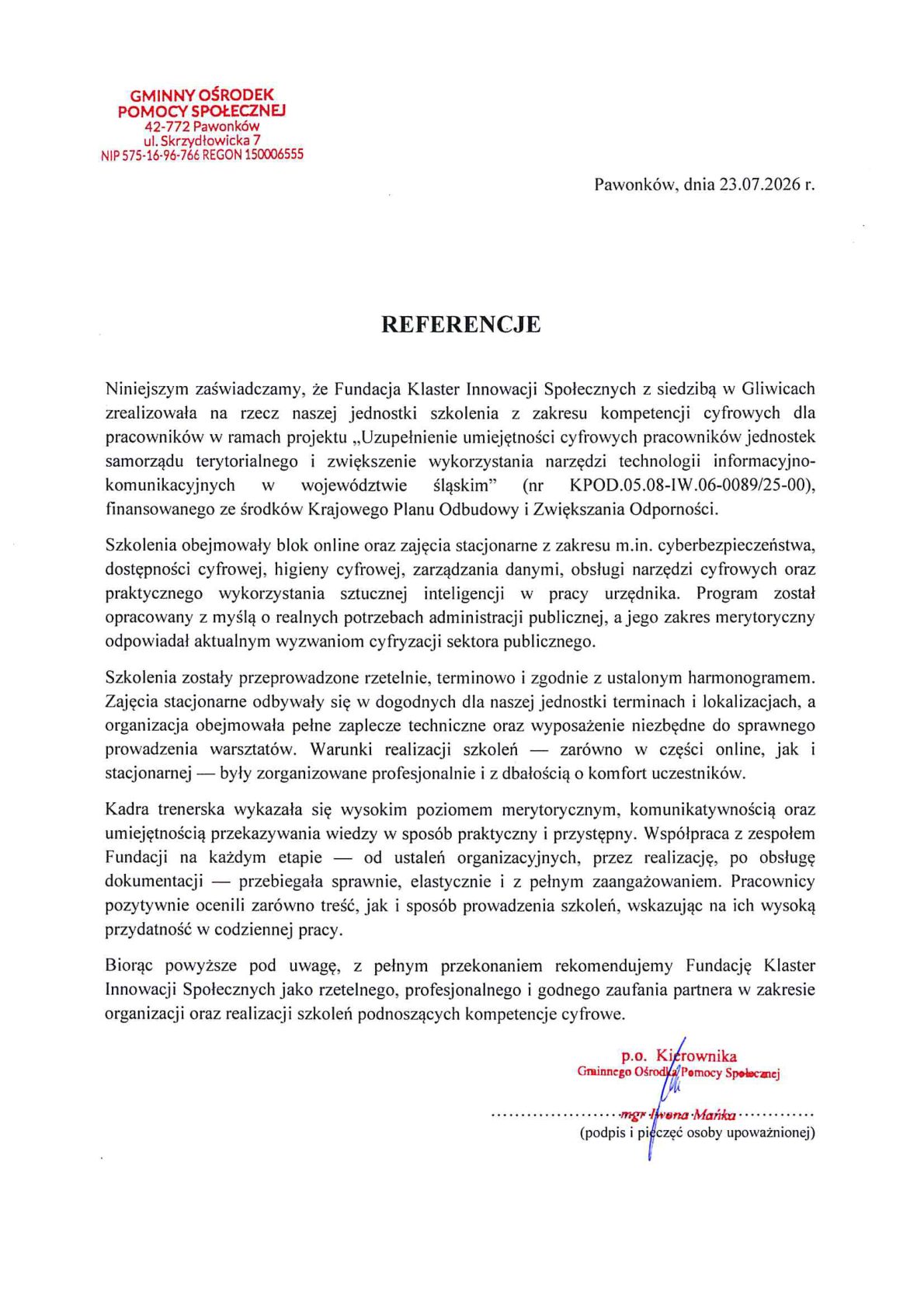 Referencja - Gminny Ośrodek Pomocy Społecznej w Pawonkowie