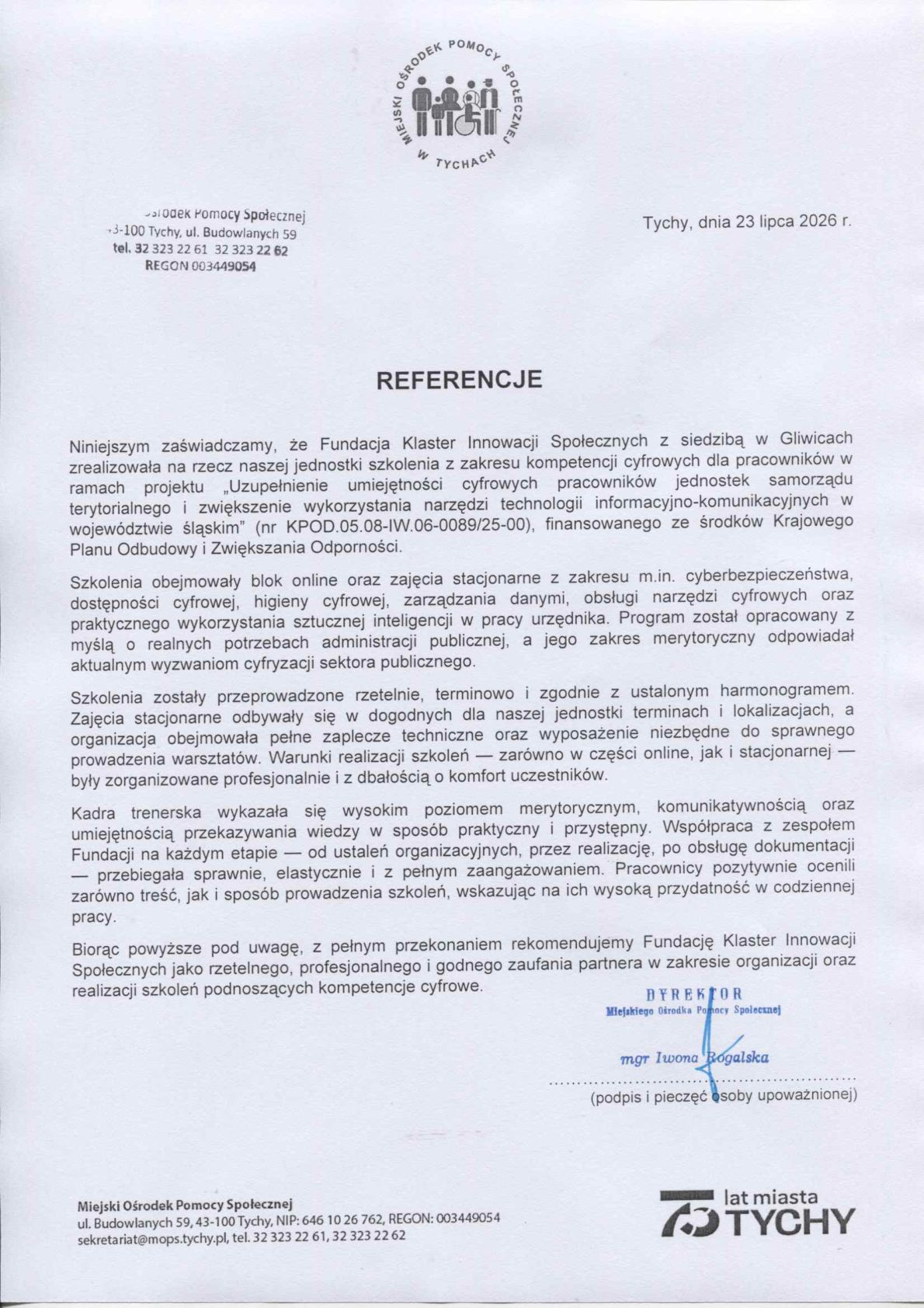 Referencja - Ośrodek Pomocy Społecznej w Tychach