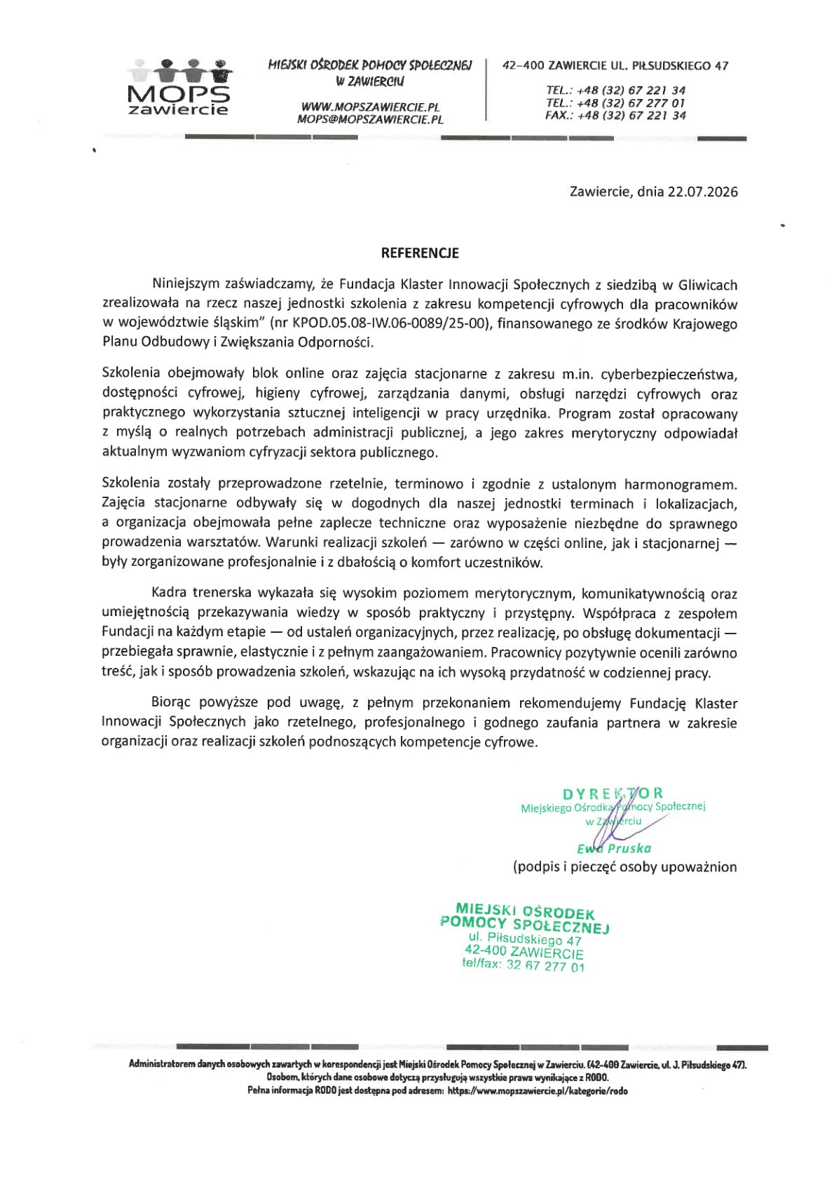 Referencja - Miejski Ośrodek Pomocy Społecznej w Zawierciu