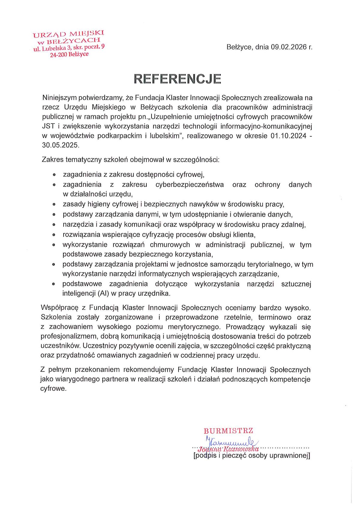 Referencja - Urząd miejski w Bełżycach