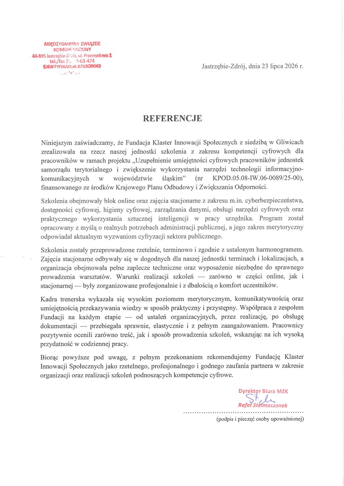 Referencja - Miejski Zakład Komunikacyjny w Jastrzębiu-Zdroju