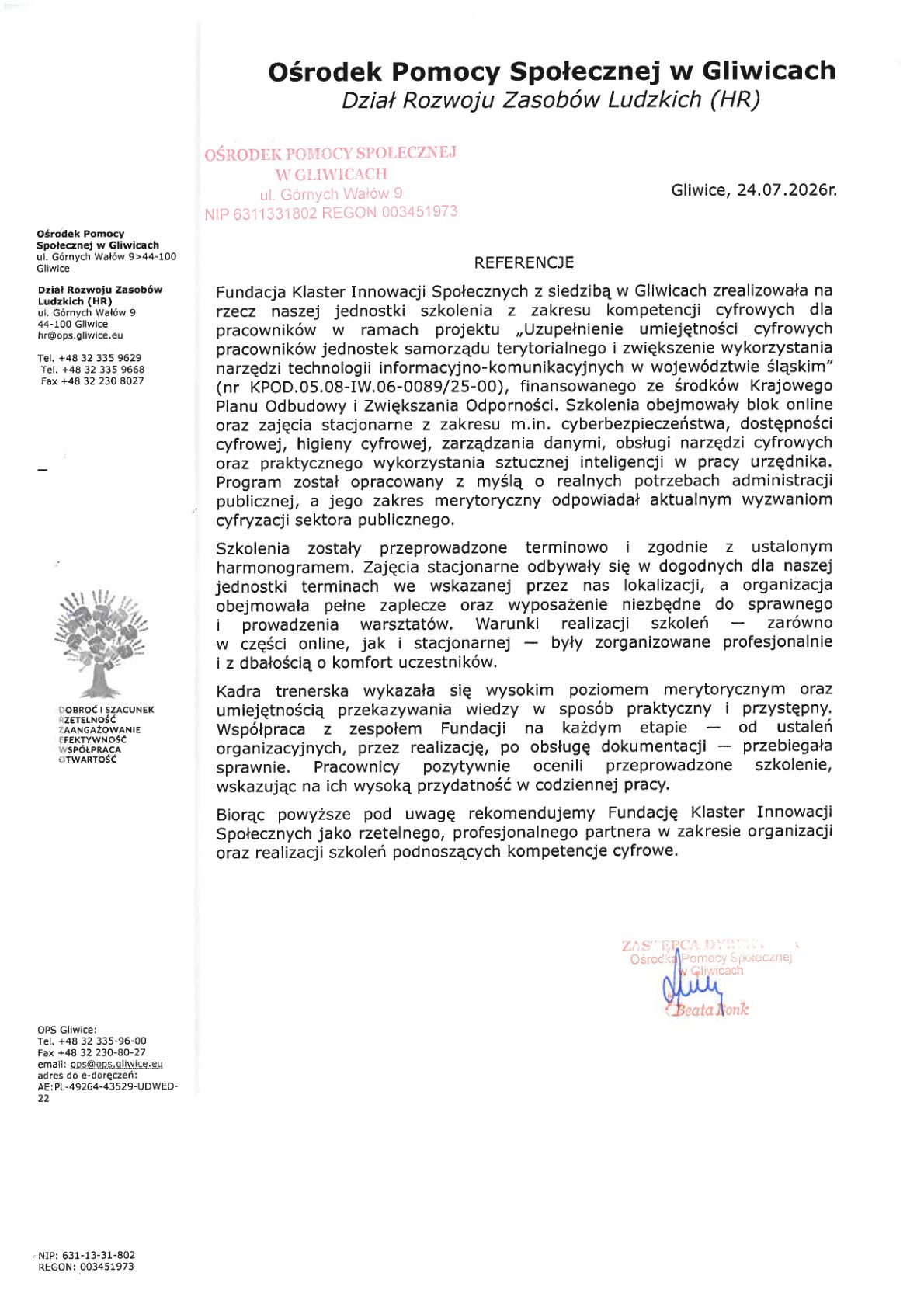 Referencja - Ośrodek Pomocy Społecznej w Gliwicach