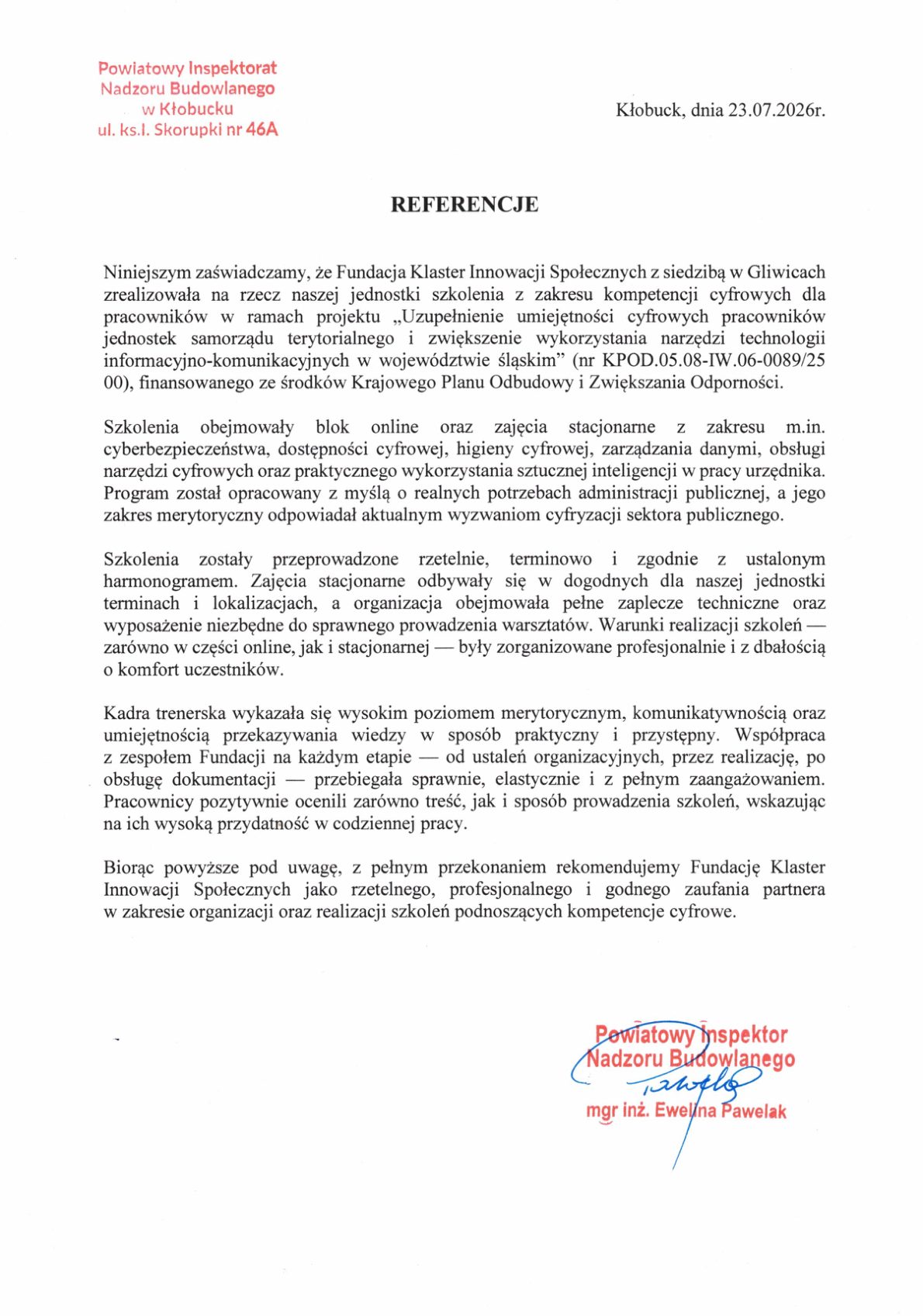 Referencja - Powiatowy Inspektorat Nadzoru Budowlanego w Kłobucku