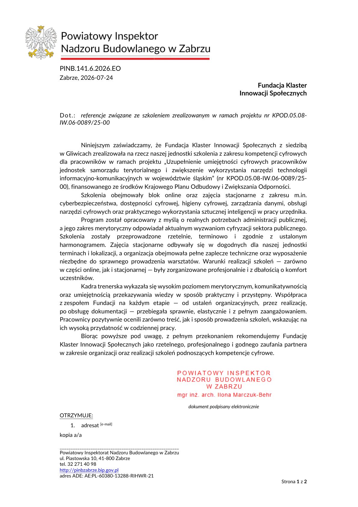 Referencja - Powiatowy Inspektor Nadzoru Budowlanego w Zabrzu