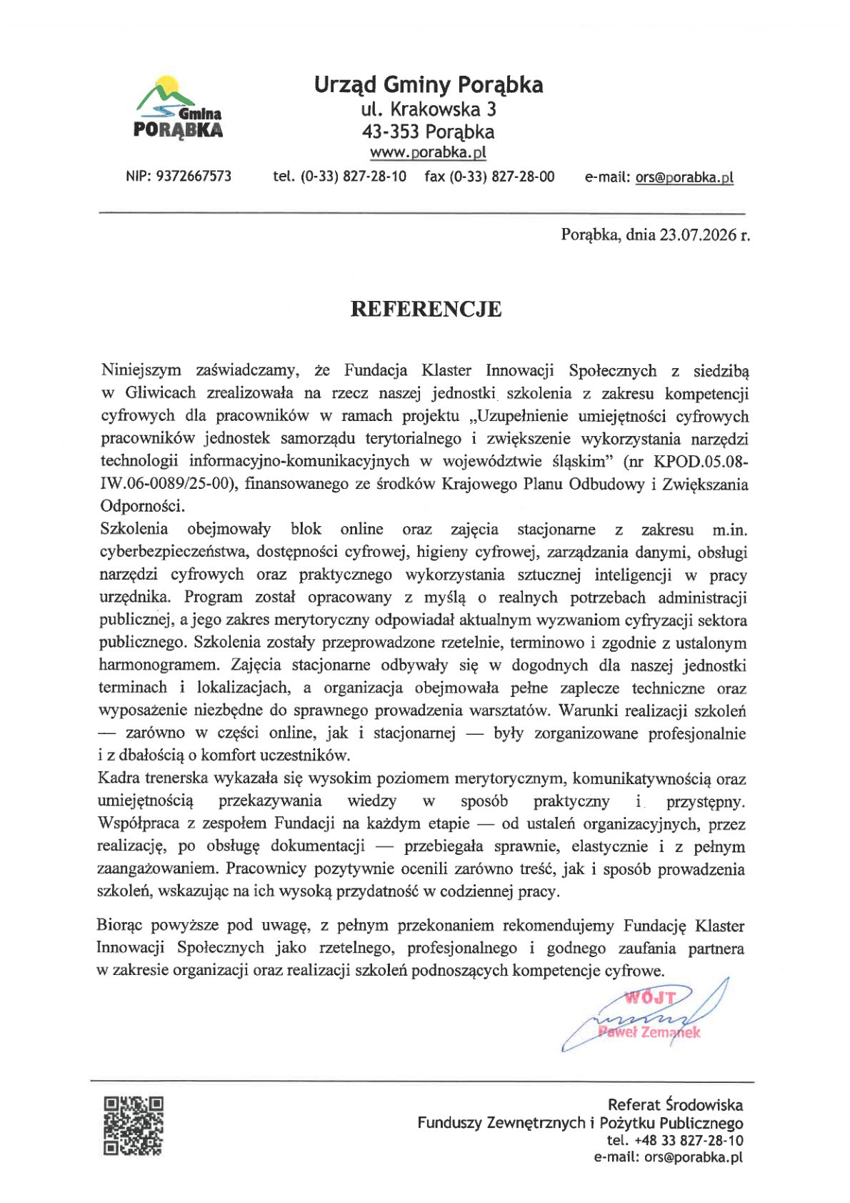 Referencja - Urząd Gminy Porąbka