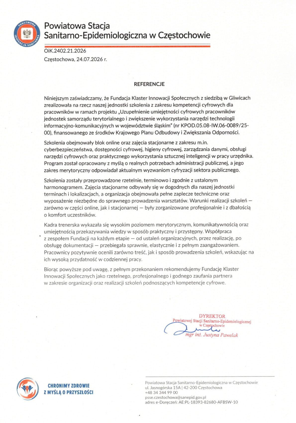 Referencja - Powiatowa Stacja Sanitarno-Epidemiologiczna w Częstochowie