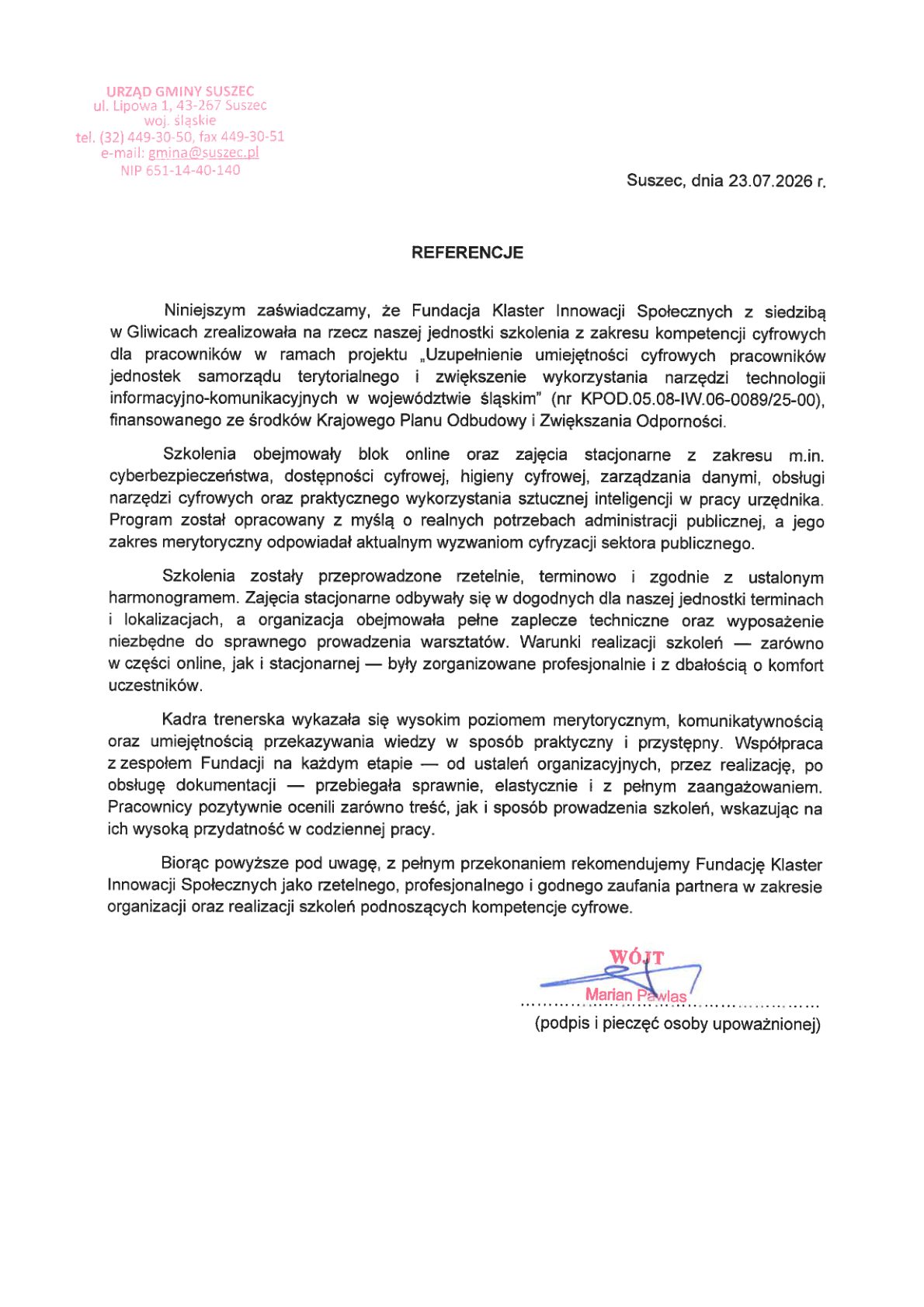 Referencja - Urząd Gminy Suszec