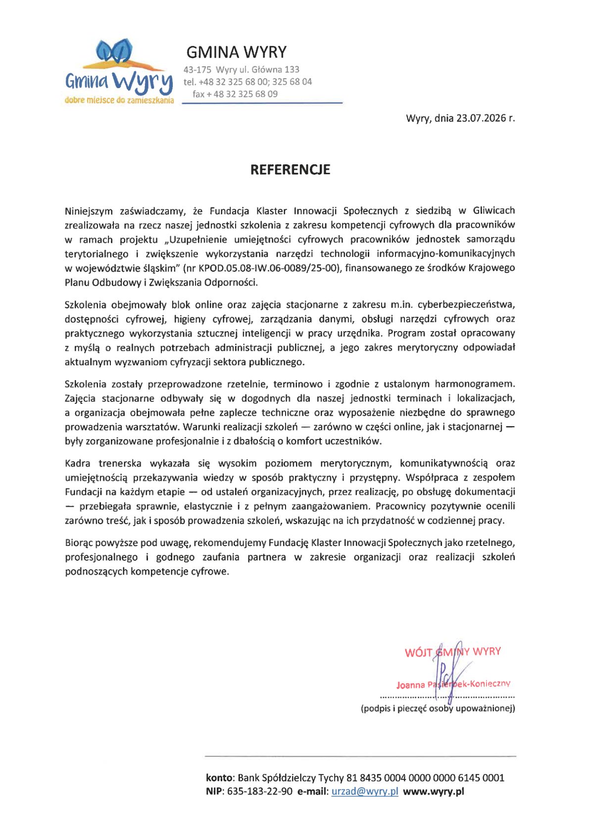 Referencja - Gmina Wyry
