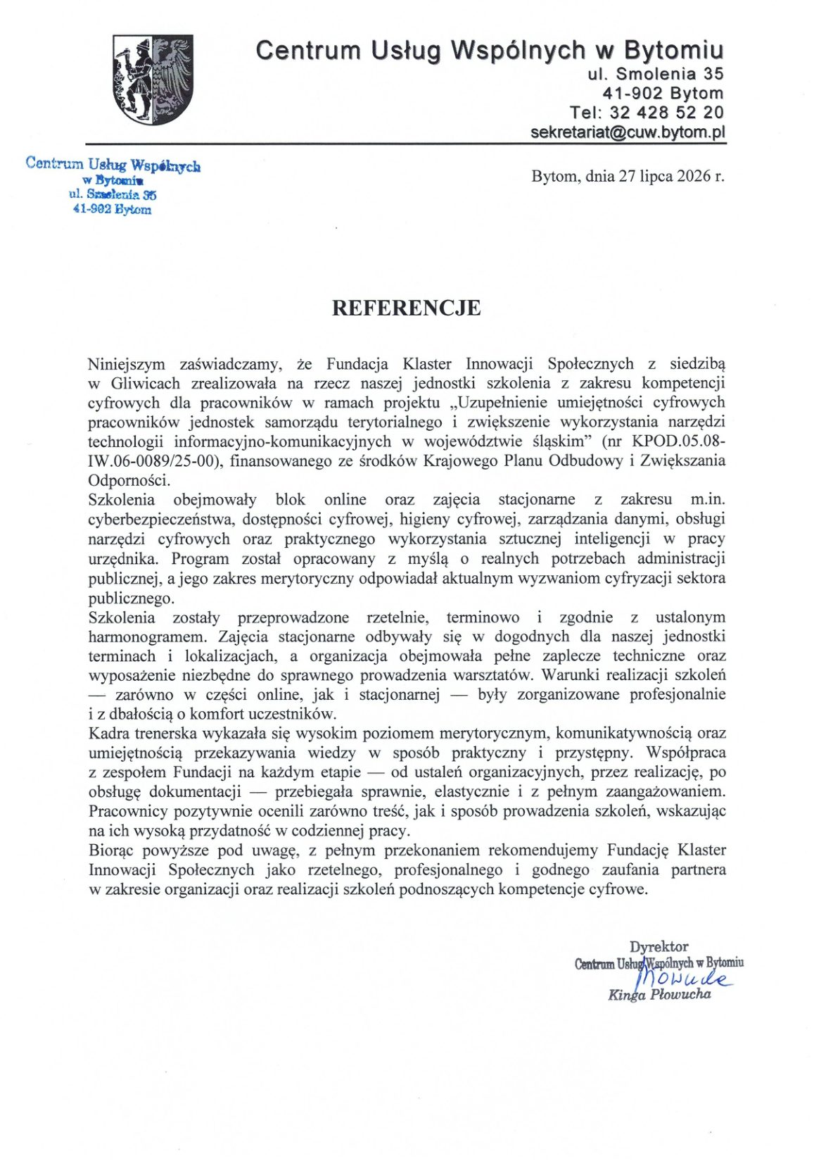 Referencja - Centrum Usług Wspólnych w Bytomiu