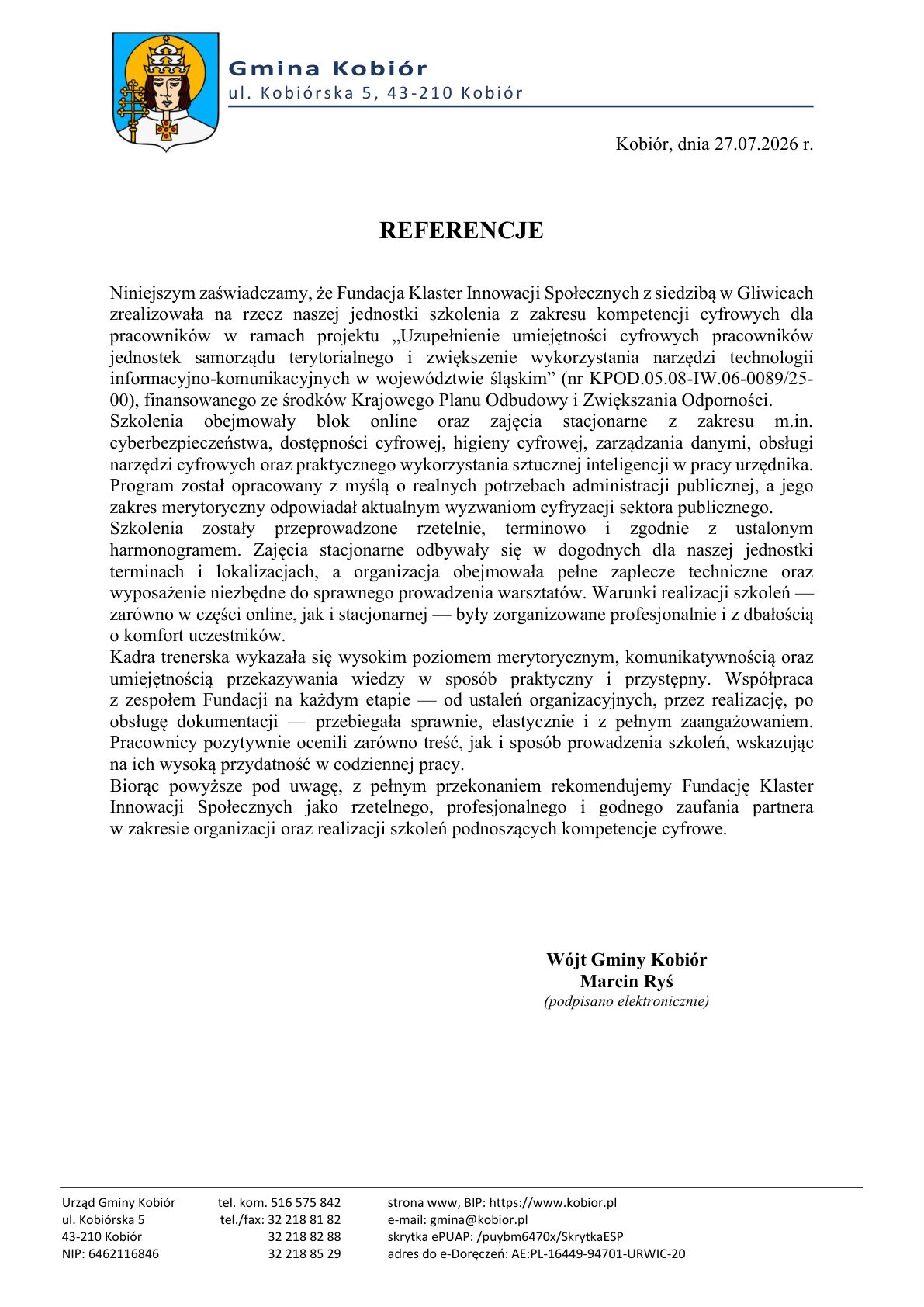 Referencja - Gmina Kobiór