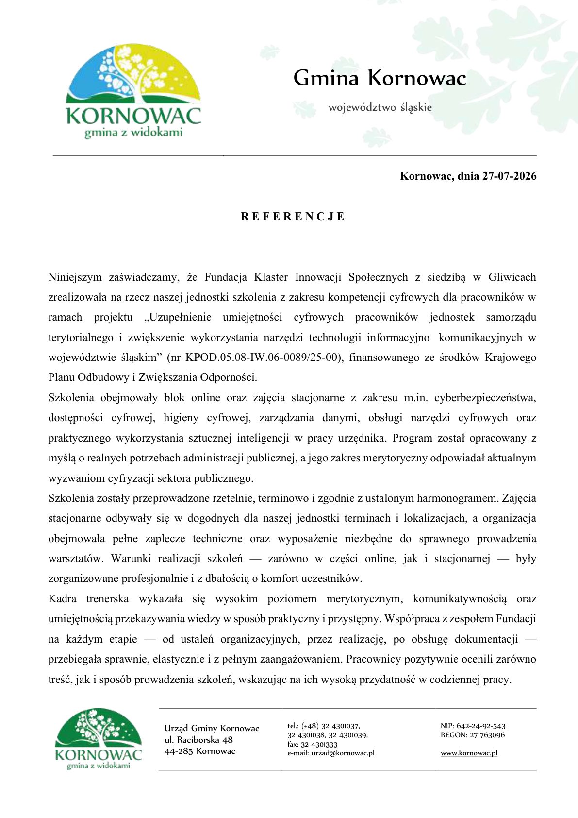 Referencja - Gmina Kornowac