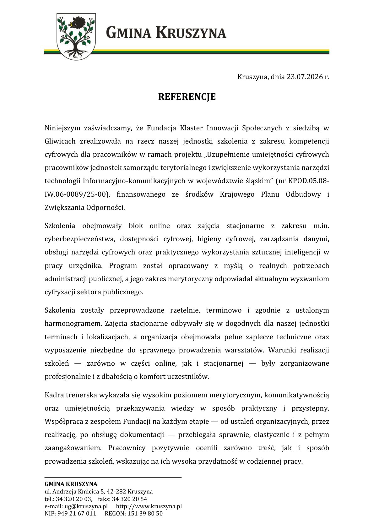 Referencja - Gmina Kruszyna