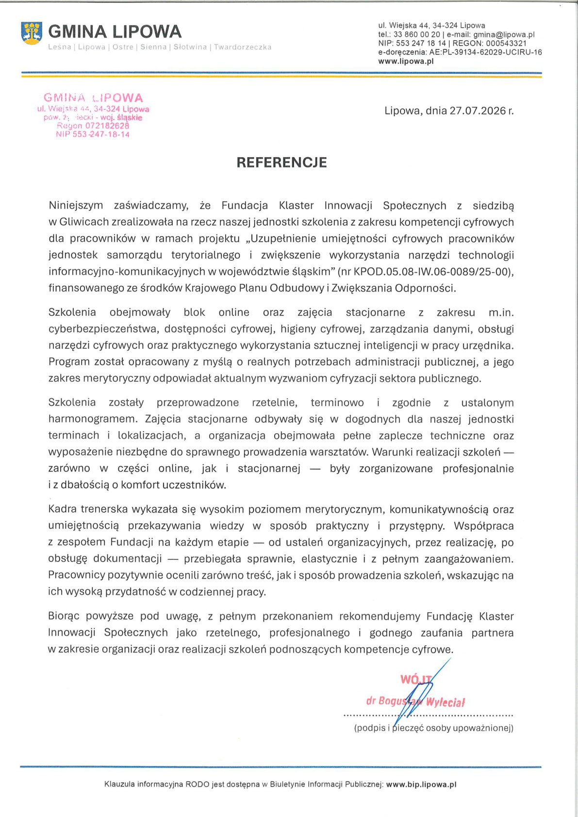 Referencja - Gmina Lipowa
