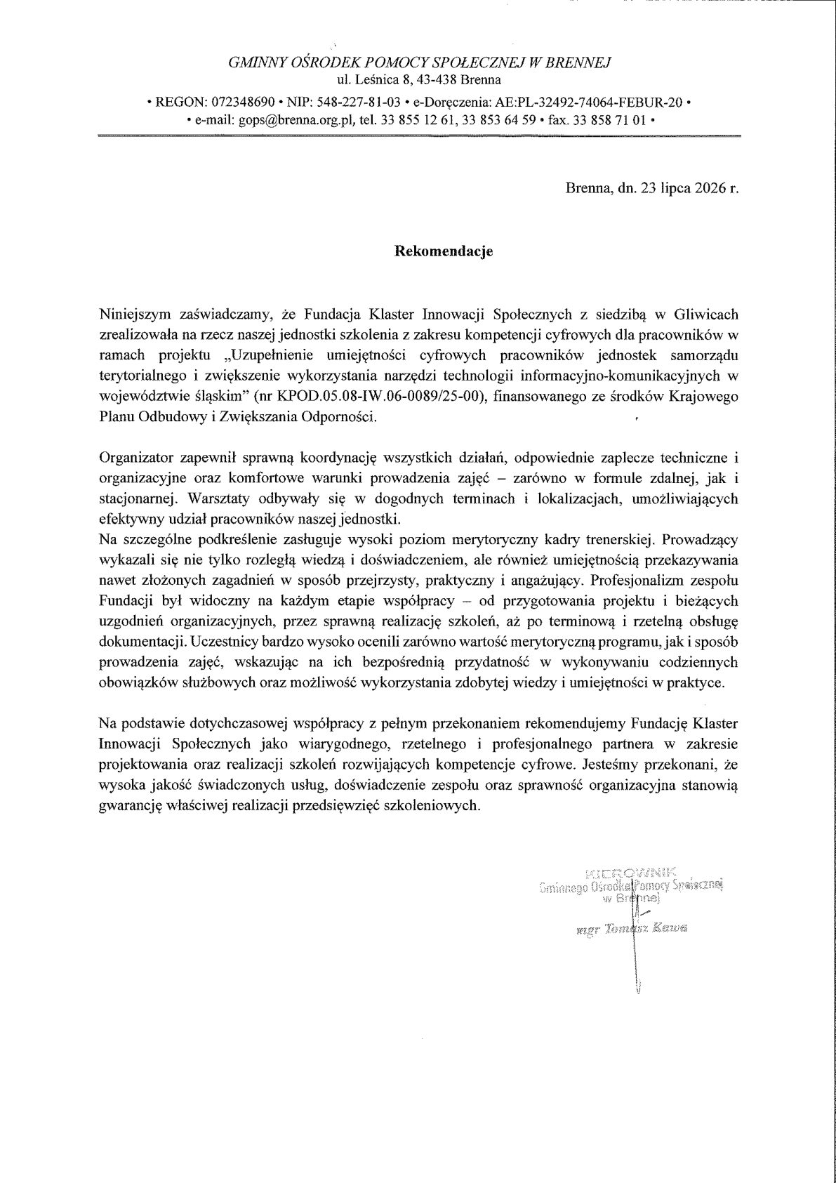 Referencja - Gminny Ośrodek Pomocy Społecznej w Brennej