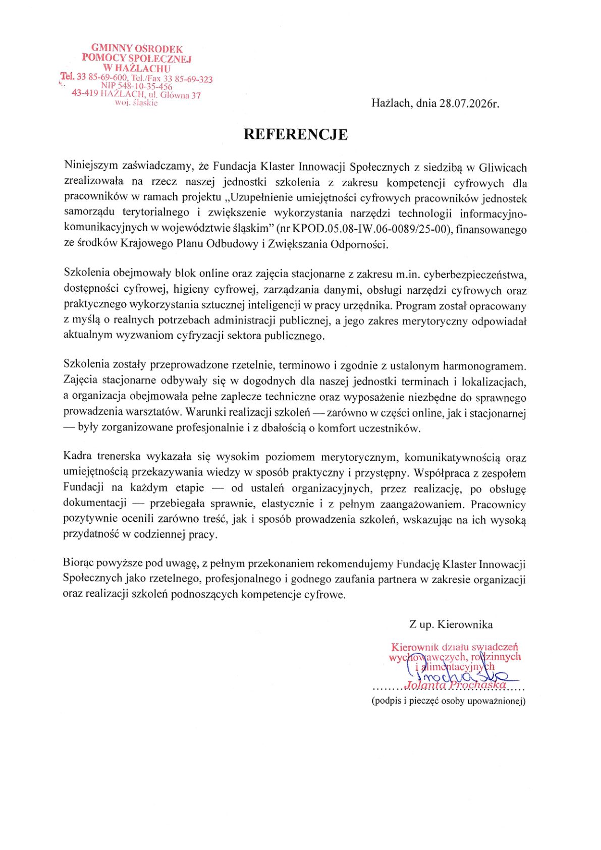Referencja - Gminny Ośrodek Pomocy Społecznej w Hażlachu