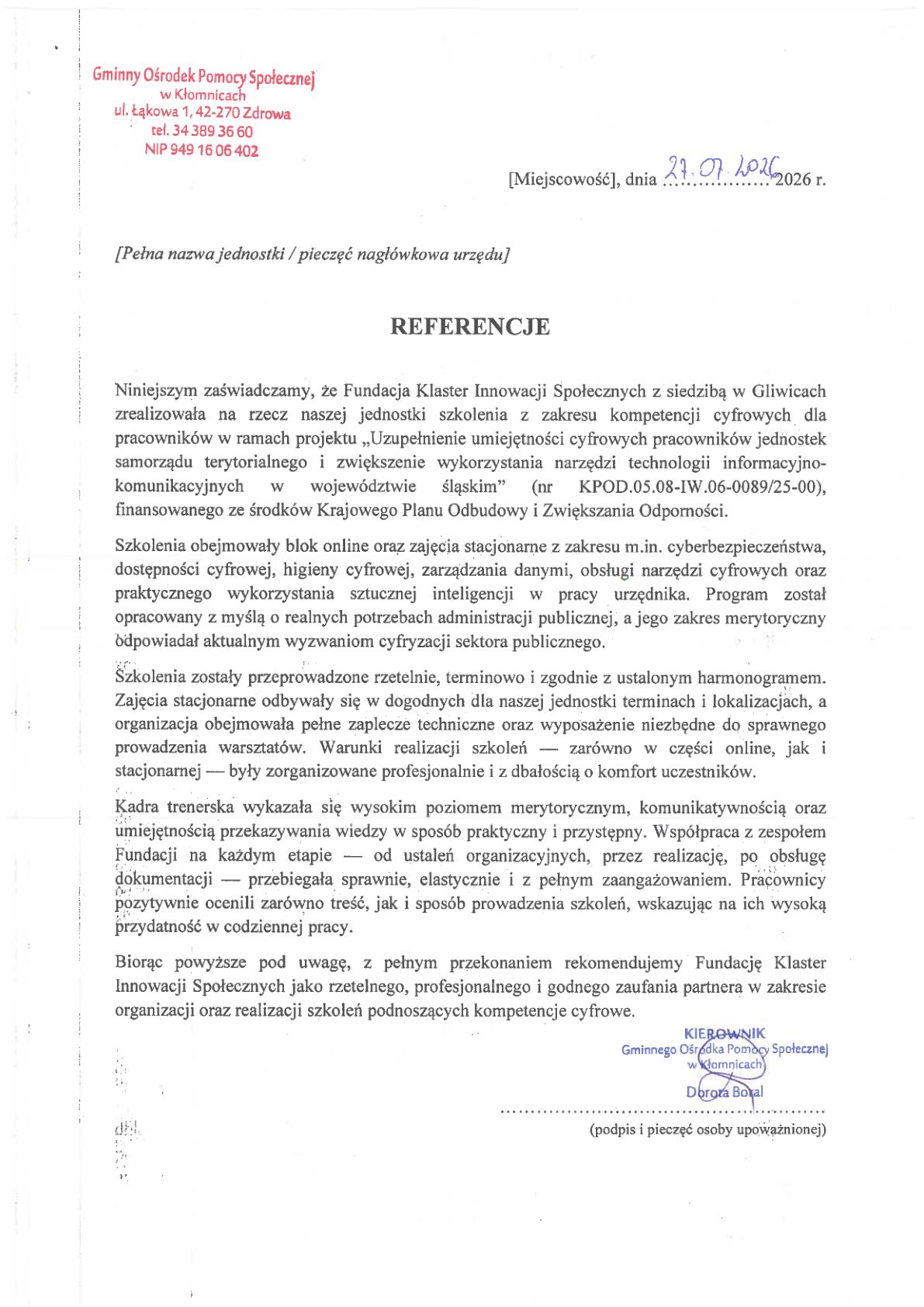 Referencja - Gminny Ośrodek Pomocy Społecznej w Kłomnicach