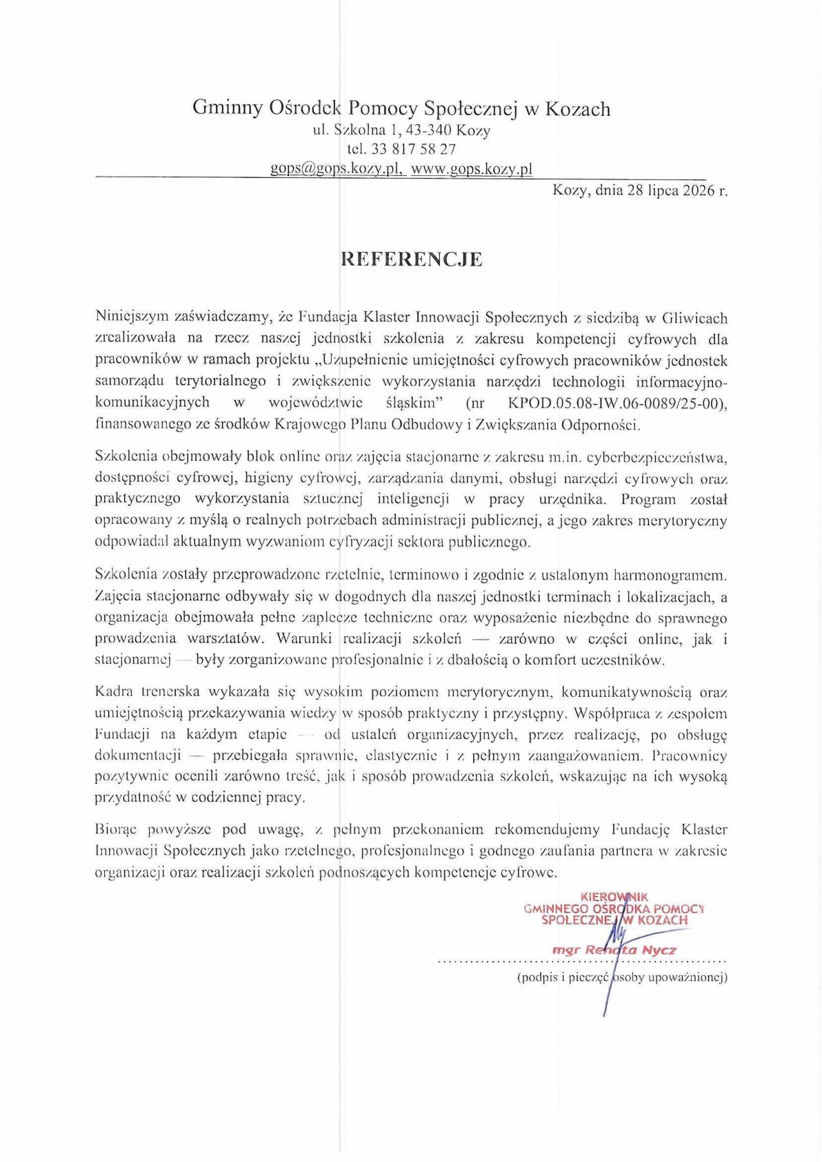 Referencja - Gminny Ośrodek Pomocy Społecznej w Kozach