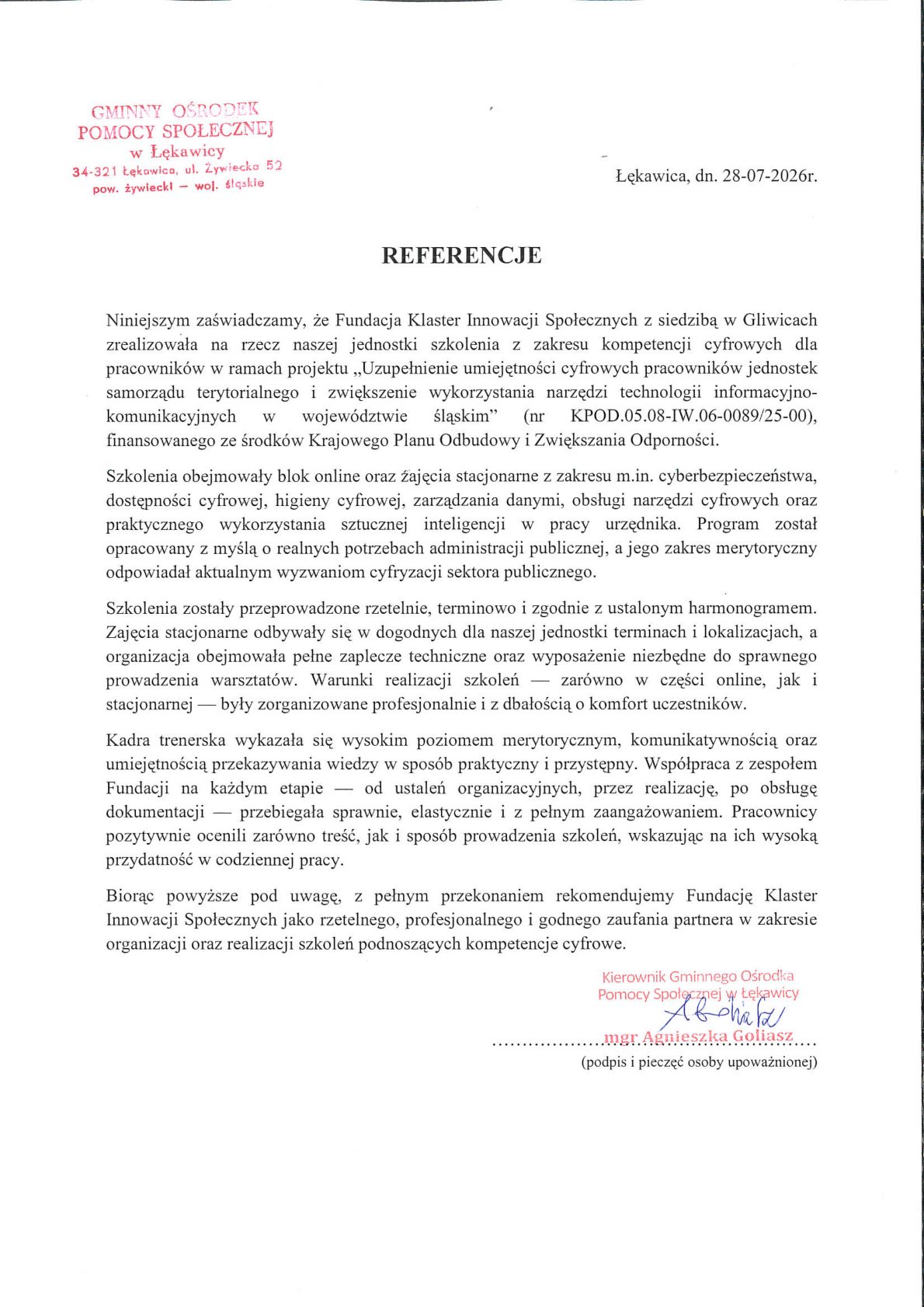Referencja - Gminny Ośrodek Pomocy Społecznej w Łękawicy