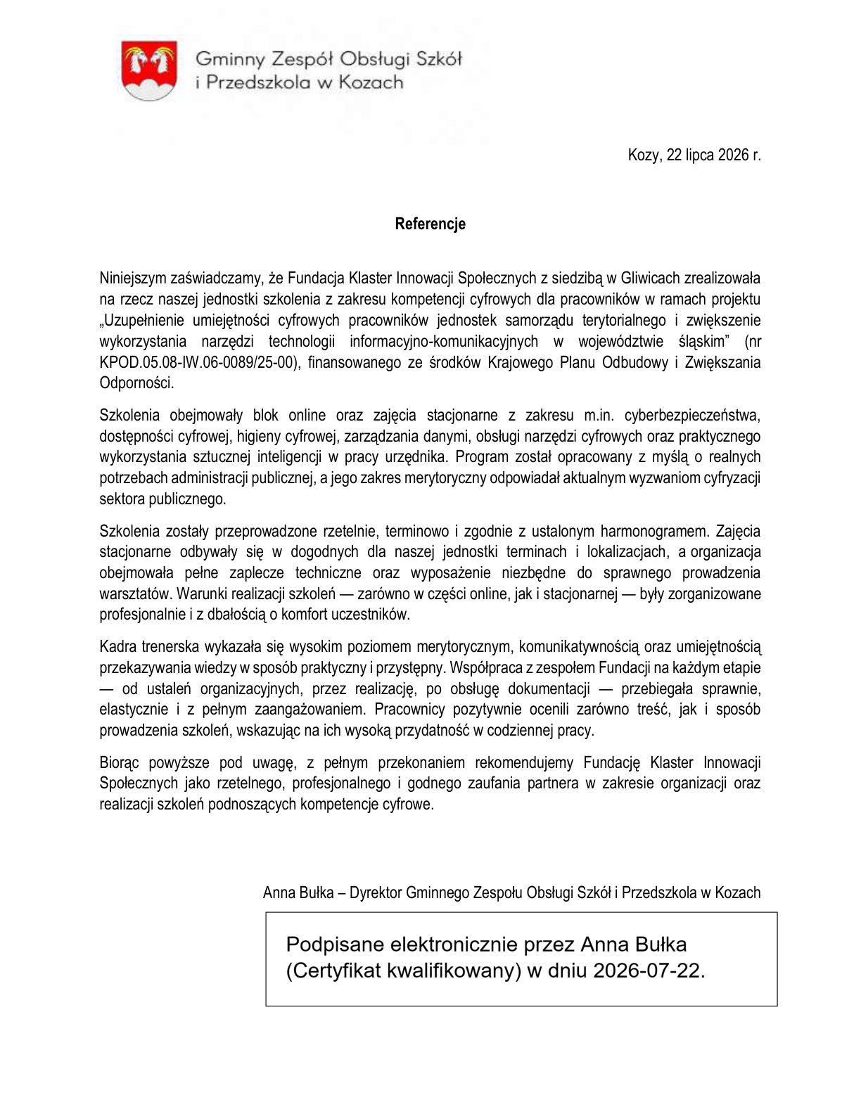 Referencja - Gminny Zespół Obsługi Szkół i Przedszkola w Kozach