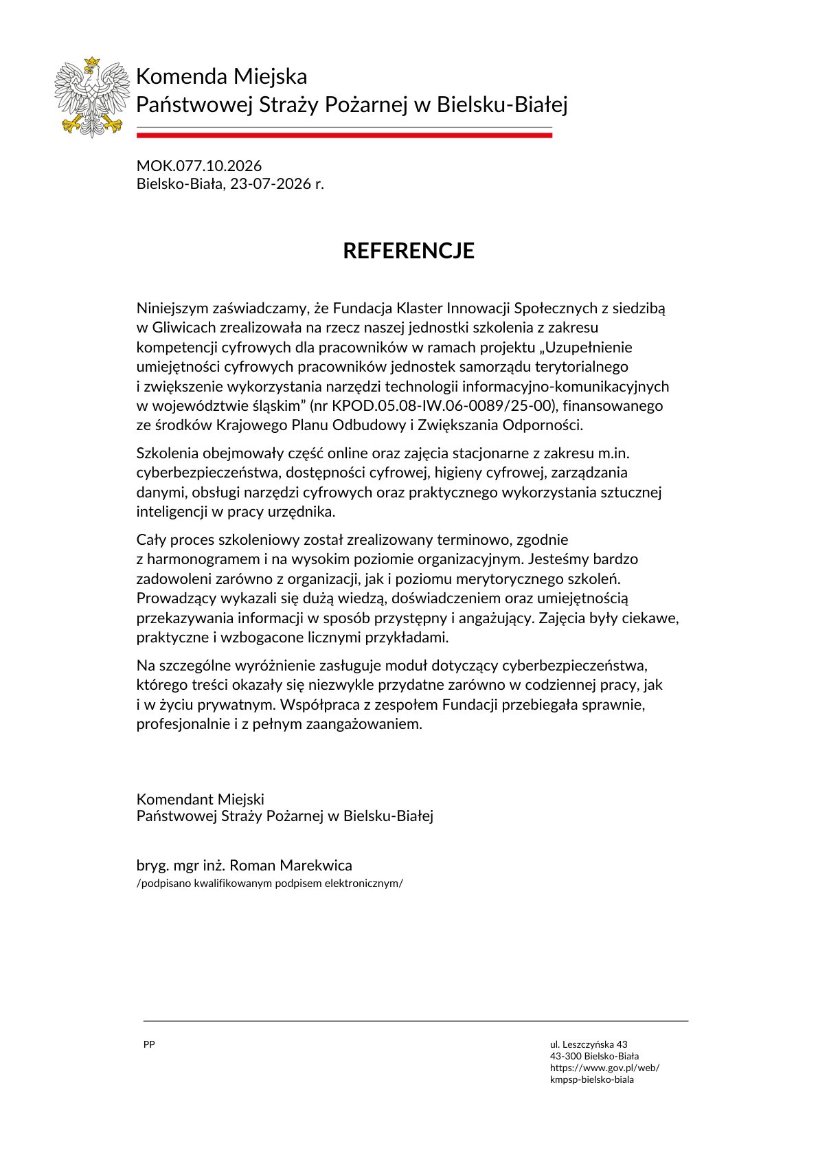 Referencja - Komenda Miejska Państwowej Straży Pożarnej w Bielsku-Białej