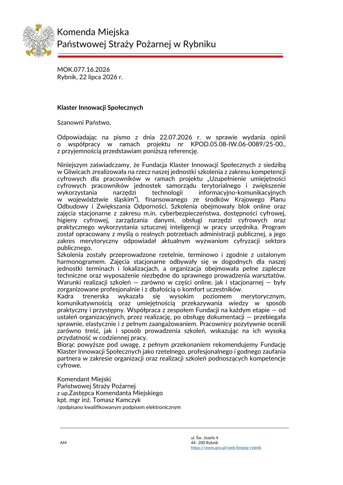 Referencja - Komenda Miejska Państwowej Straży Pożarnej w Rybniku