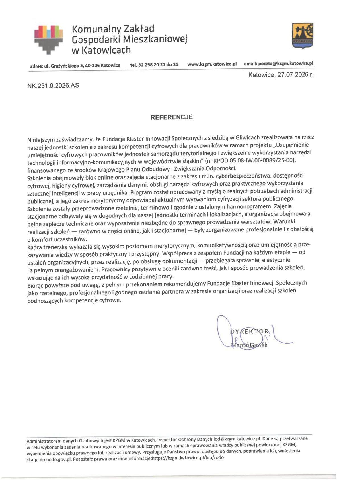 Referencja - Komunalny Zakład Gospodarki Mieszkaniowej w Katowicach