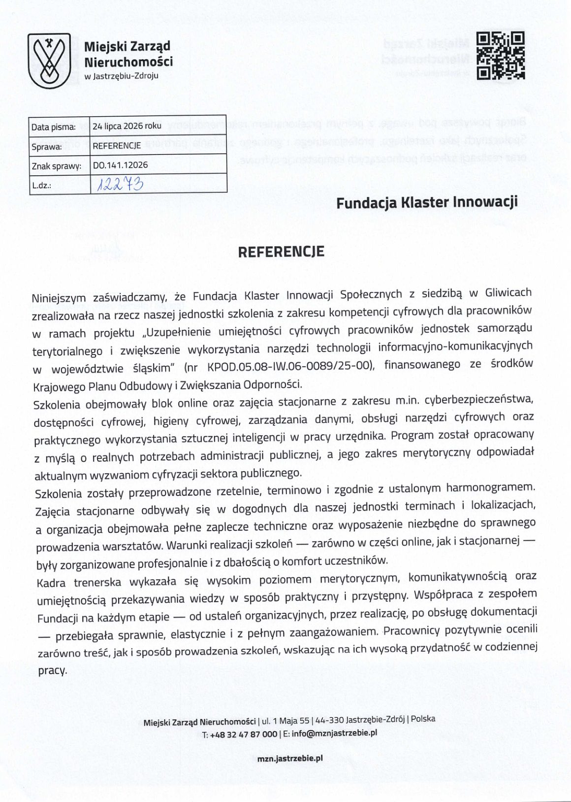 Referencja - Miejski Zarząd Nieruchomości w Jastrzębiu-Zdroju