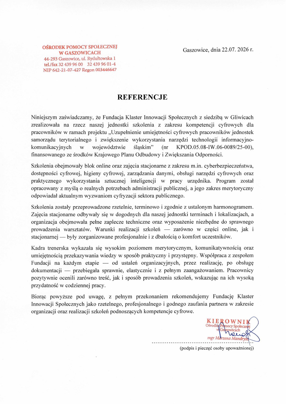 Referencja - Ośrodek Pomocy Społecznej w Gaszowicach