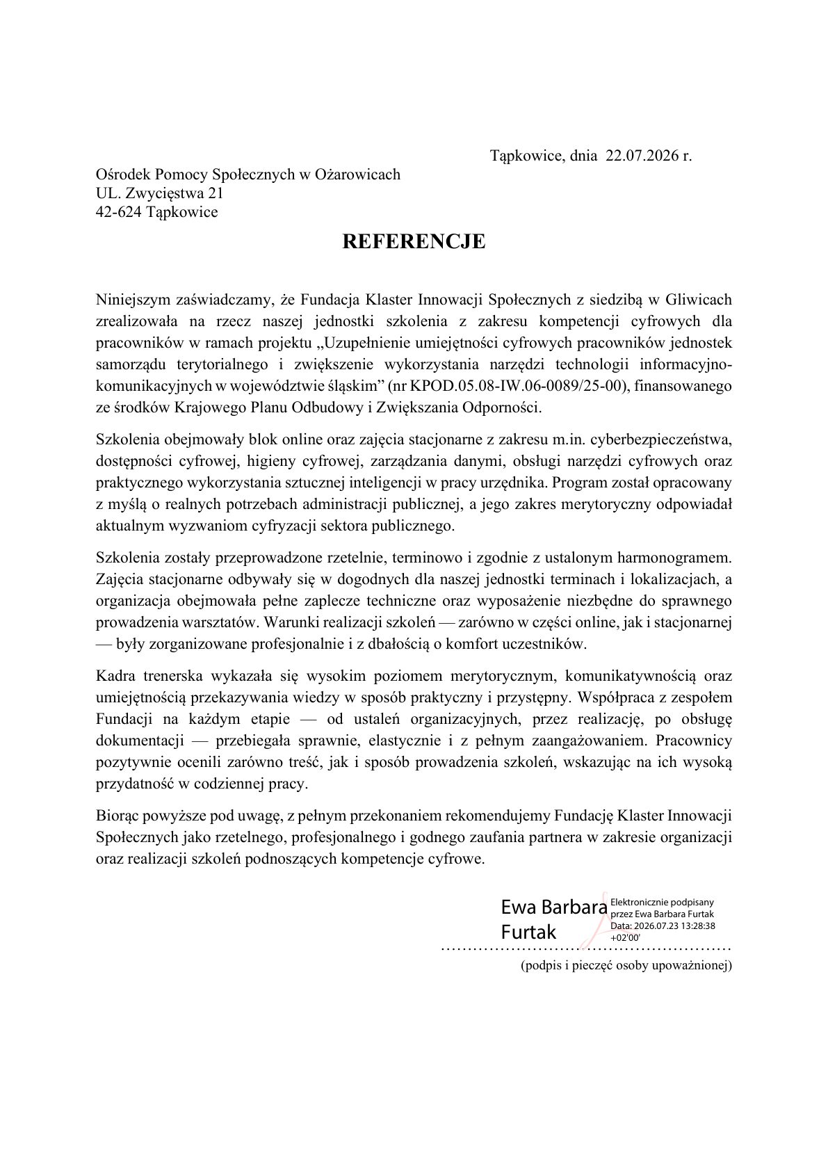 Referencja - Ośrodek Pomocy Społecznej w Ożarowicach