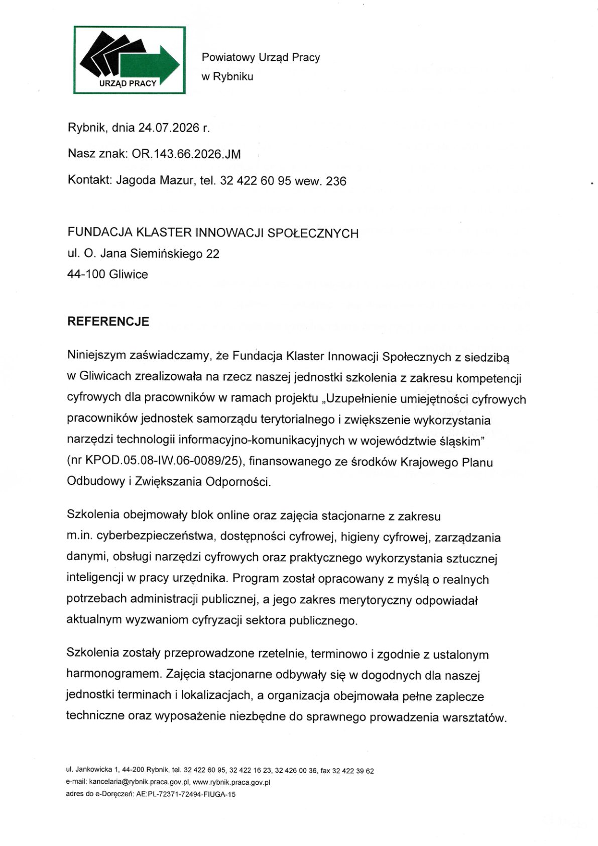 Referencja - Powiatowy Urząd Pracy w Rybniku