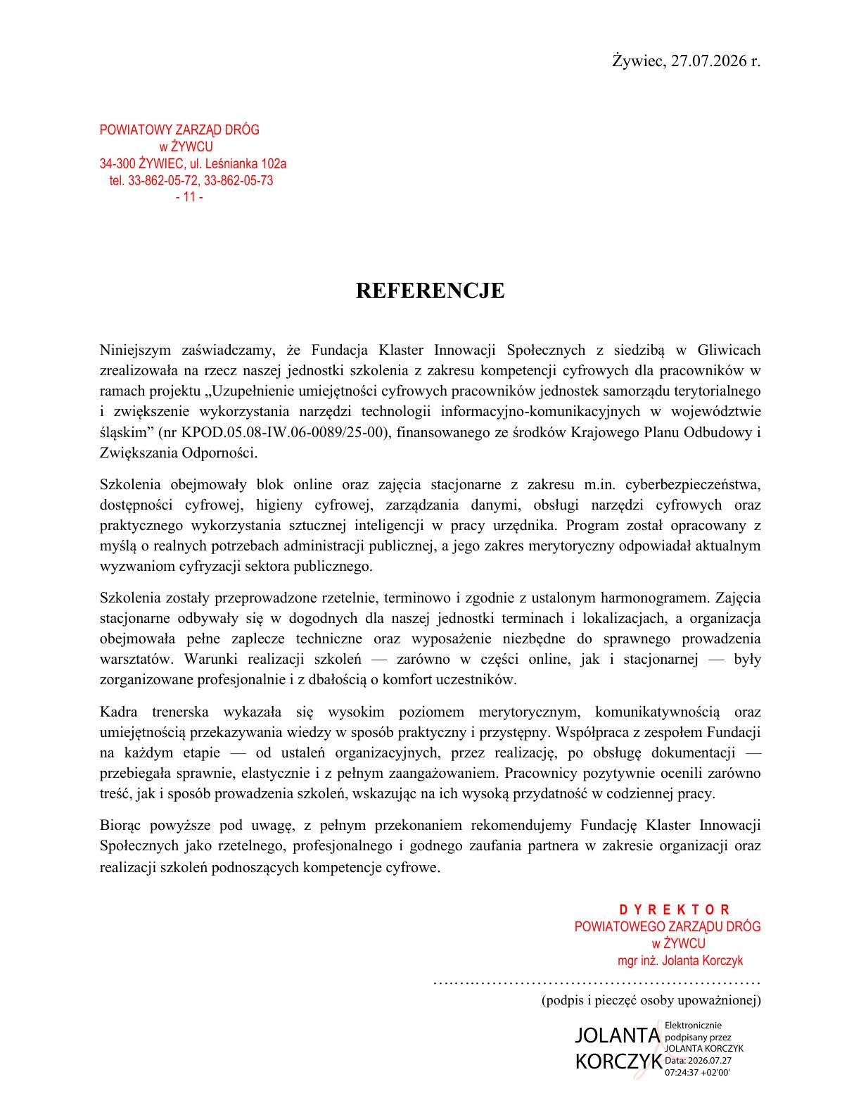 Referencja - Powiatowy Zarząd Dróg w Żywcu