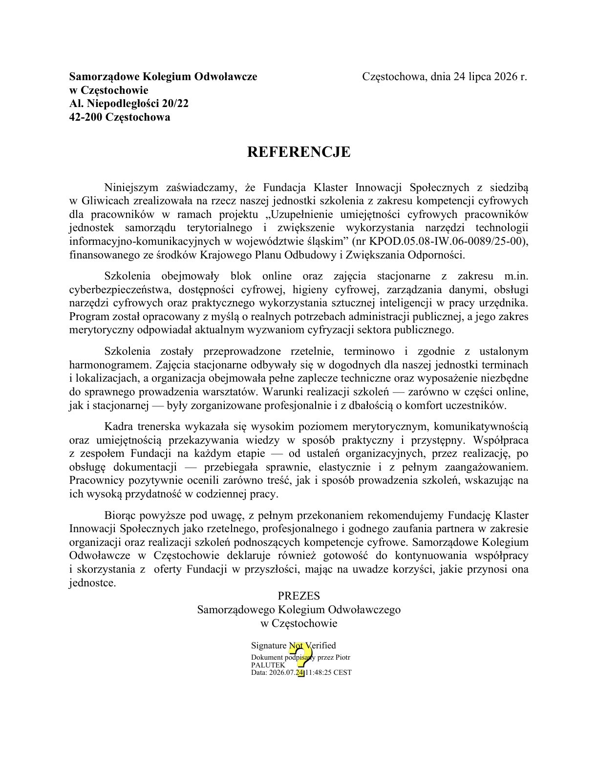 Referencja - Samorządowe Kolegium Odwoławcze w Częstochowie