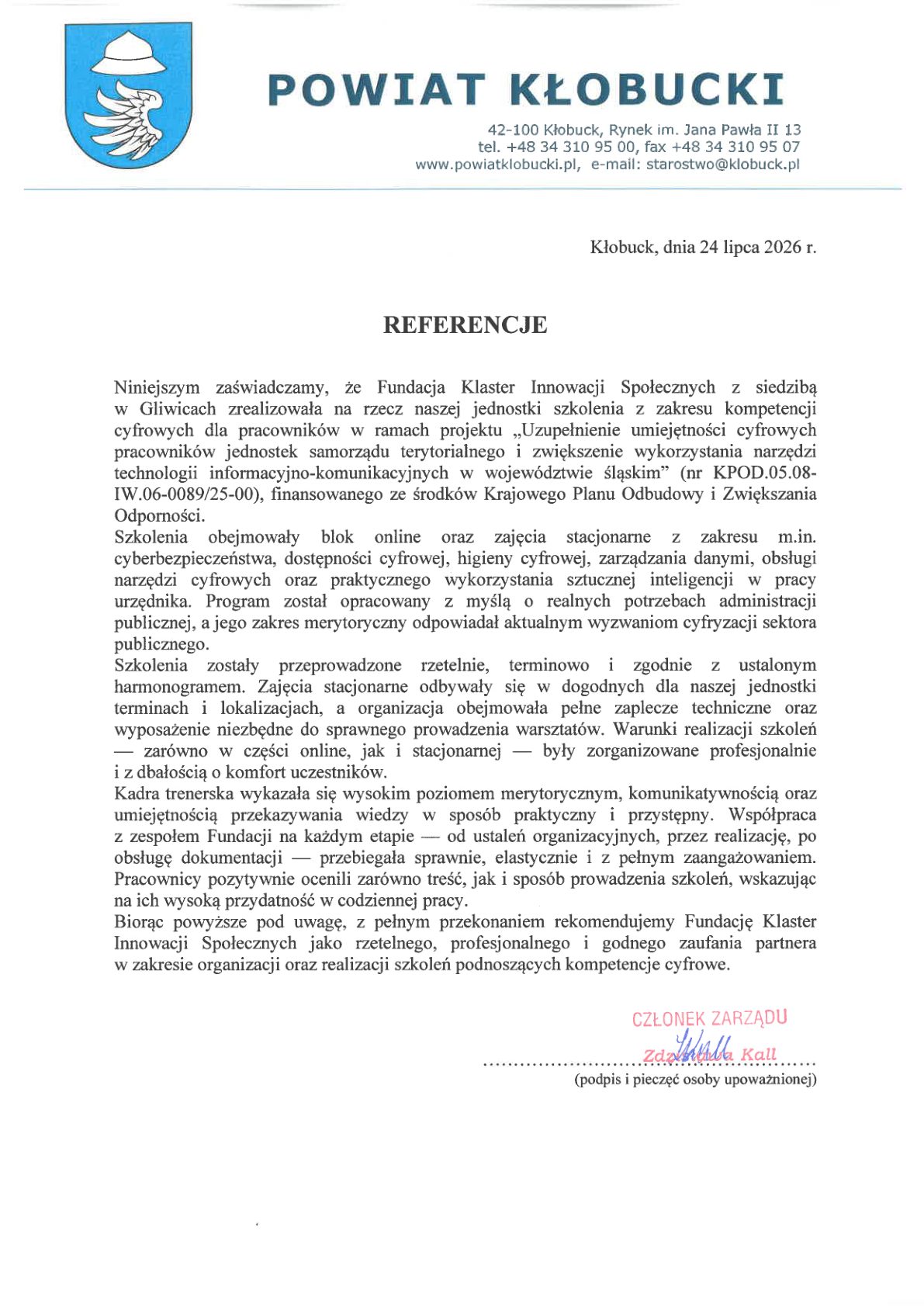 Referencja - Starostwo Powiatowe w Kłobucku