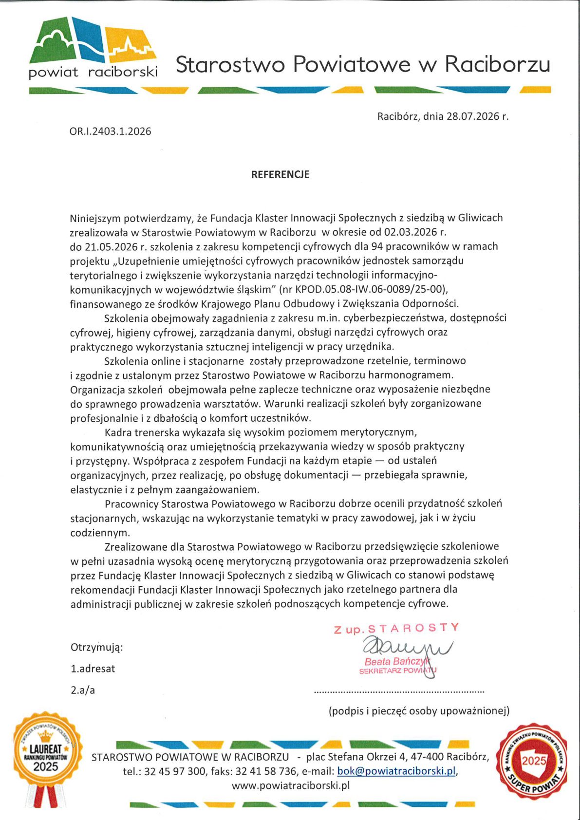 Referencja - Starostwo Powiatowe w Raciborzu