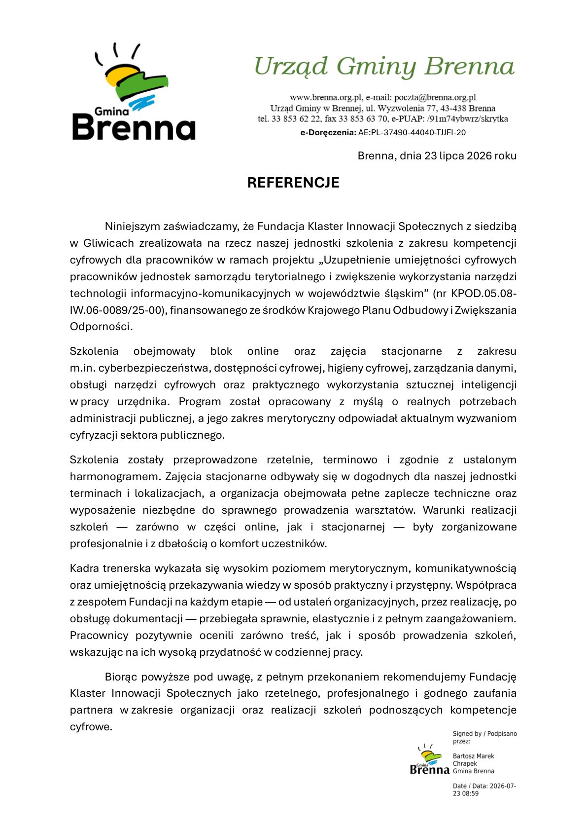 Referencja - Urząd Gminy Brenna