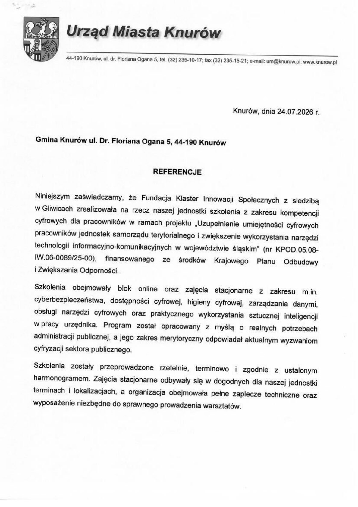 Referencja - Urząd Miasta Knurów